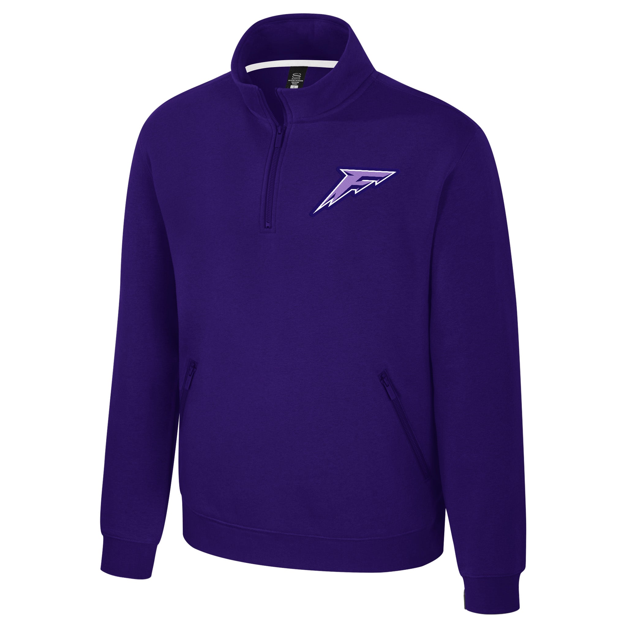 Purple sweatshirt with a logo on the chest against a white background