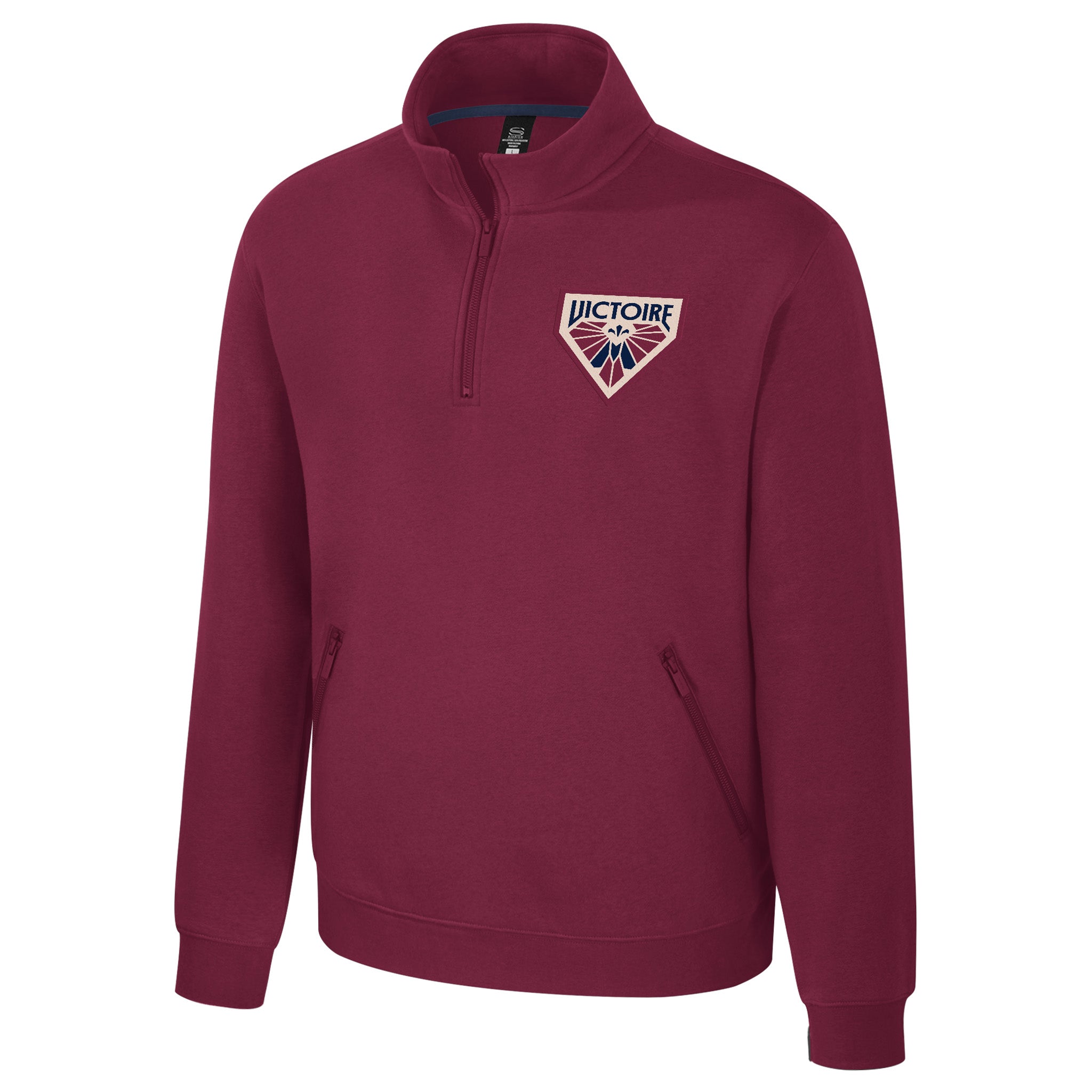 Maroon sweatshirt with a logo on the chest against a white background