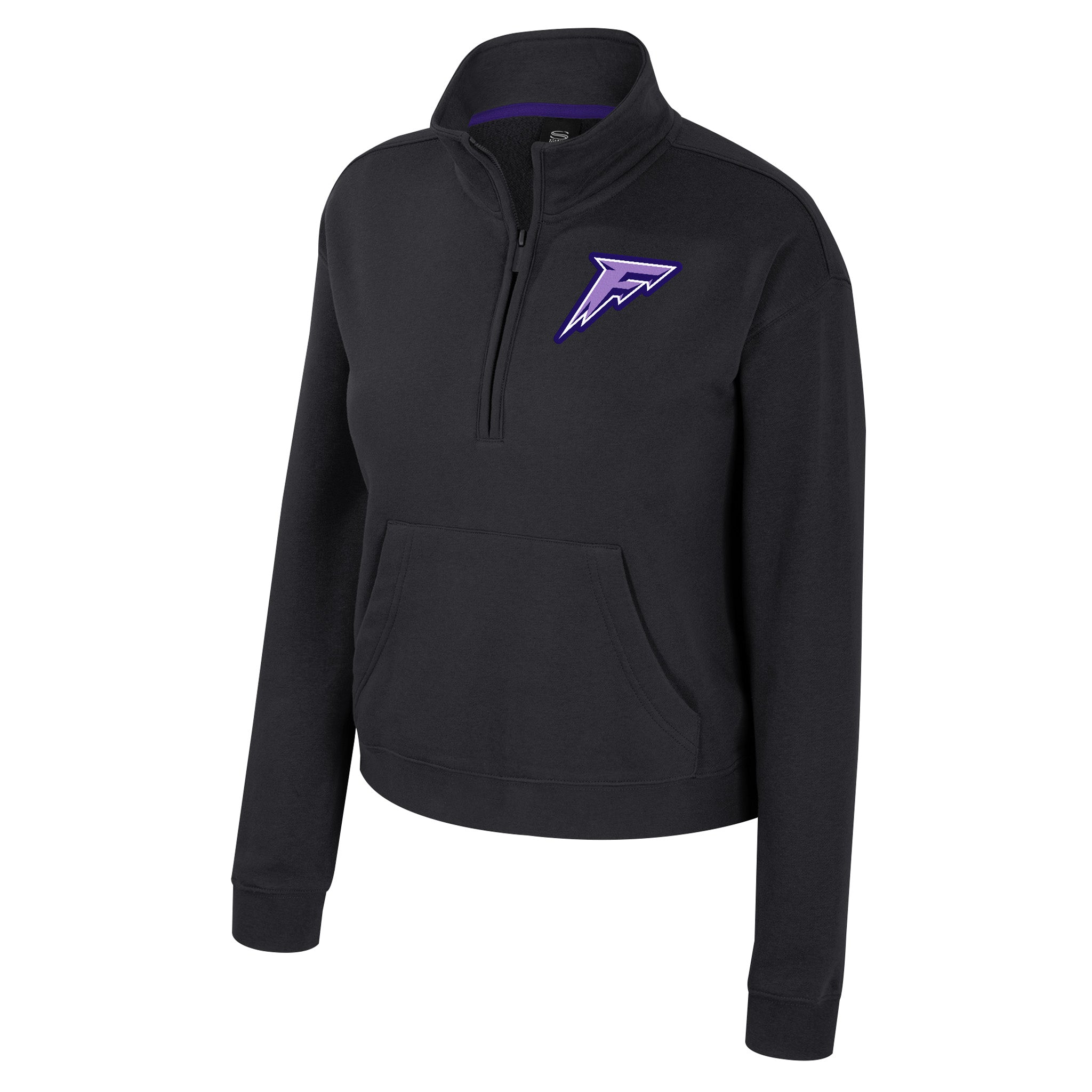Black pullover with a purple logo on a white background