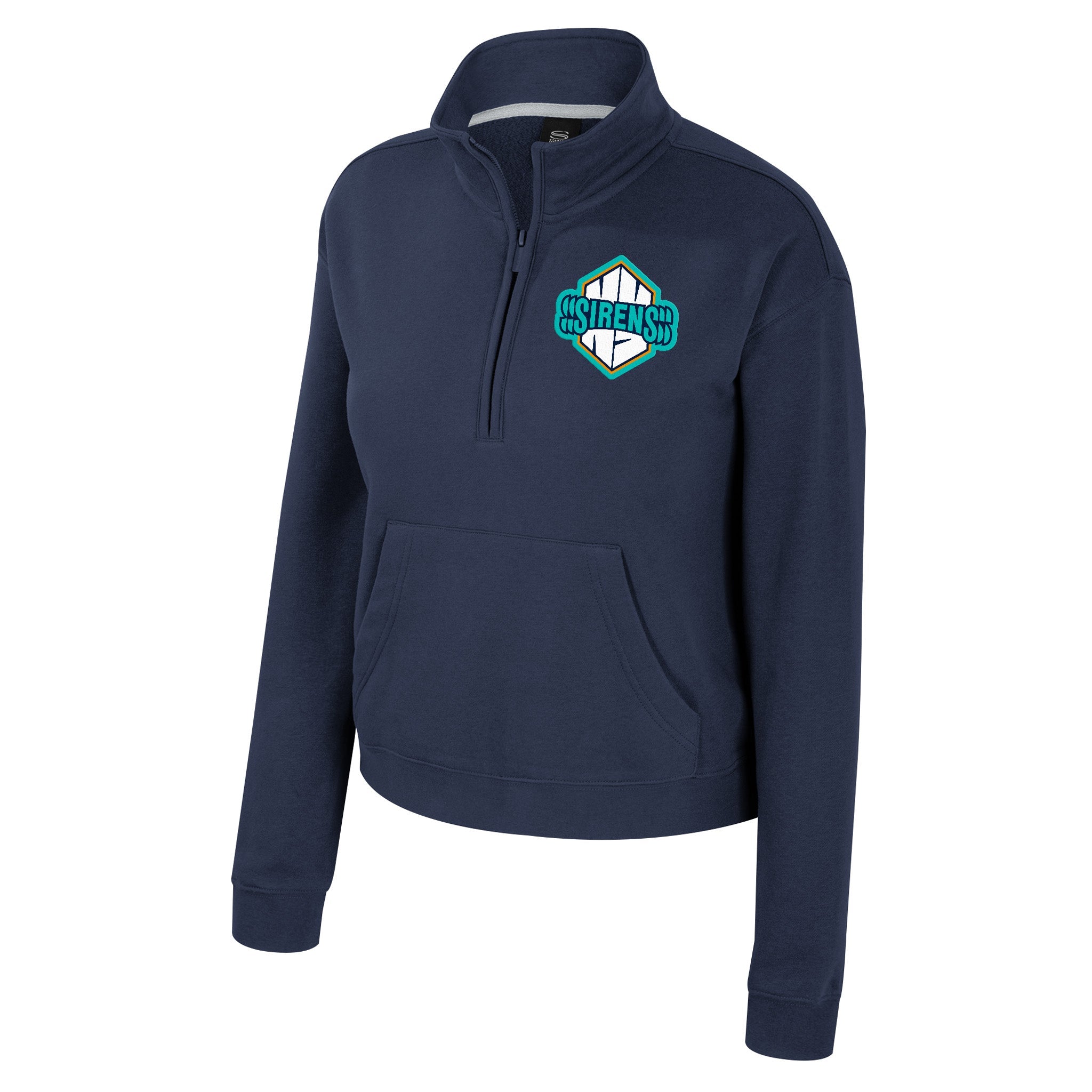 Navy blue pullover with a logo on a white background