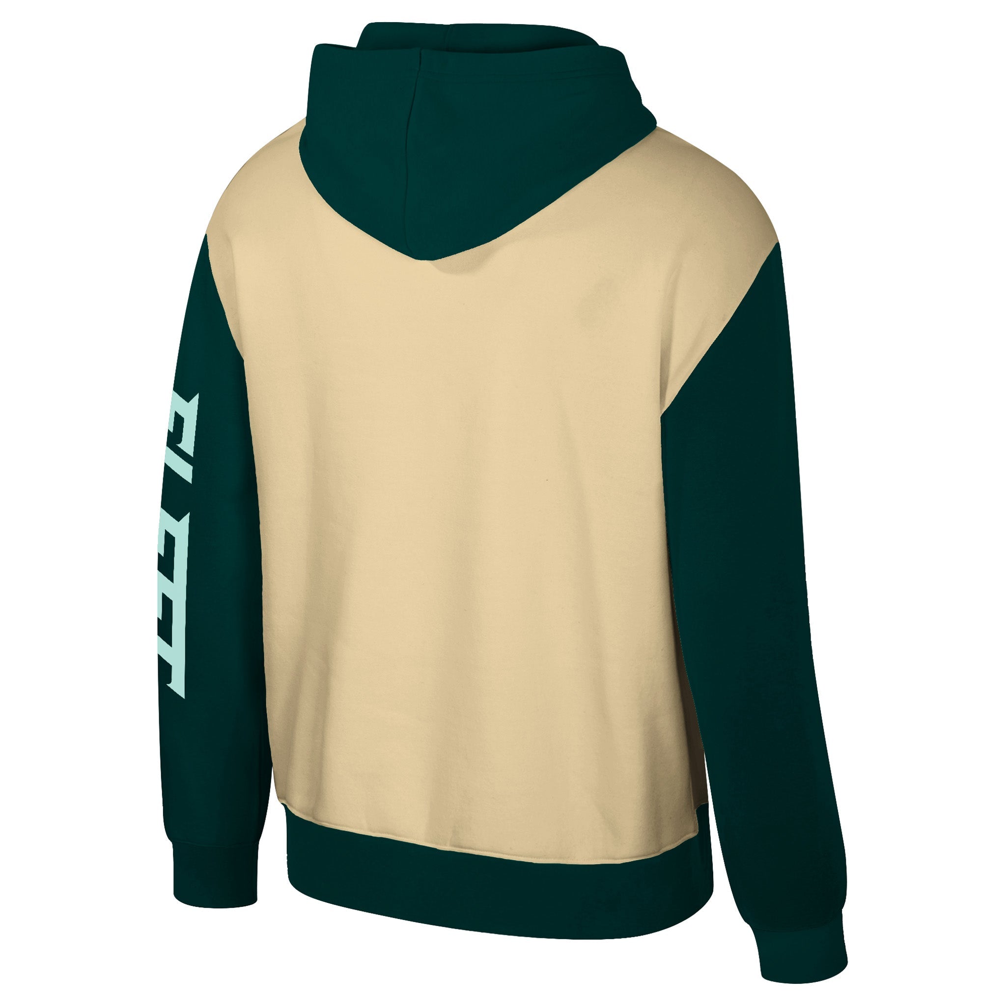 Cream and green hoodie with a brand logo on the sleeve, shown from the back.