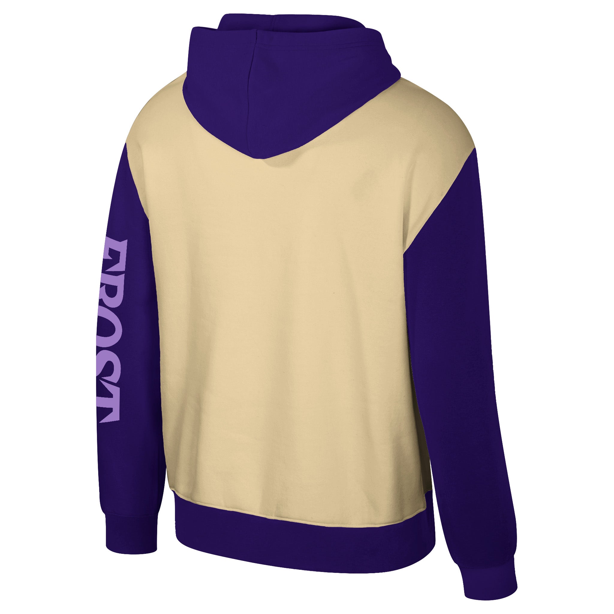 cream and purple hoodie with visible branding on a white background