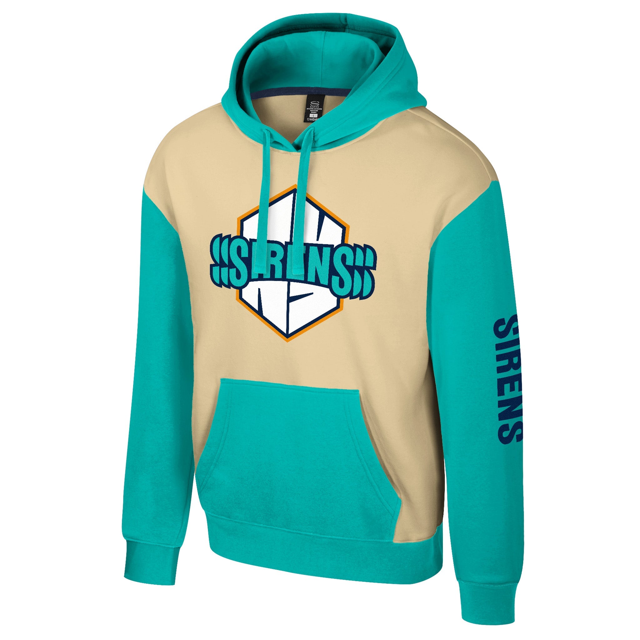 Hoodie with teal and cream design on a white background