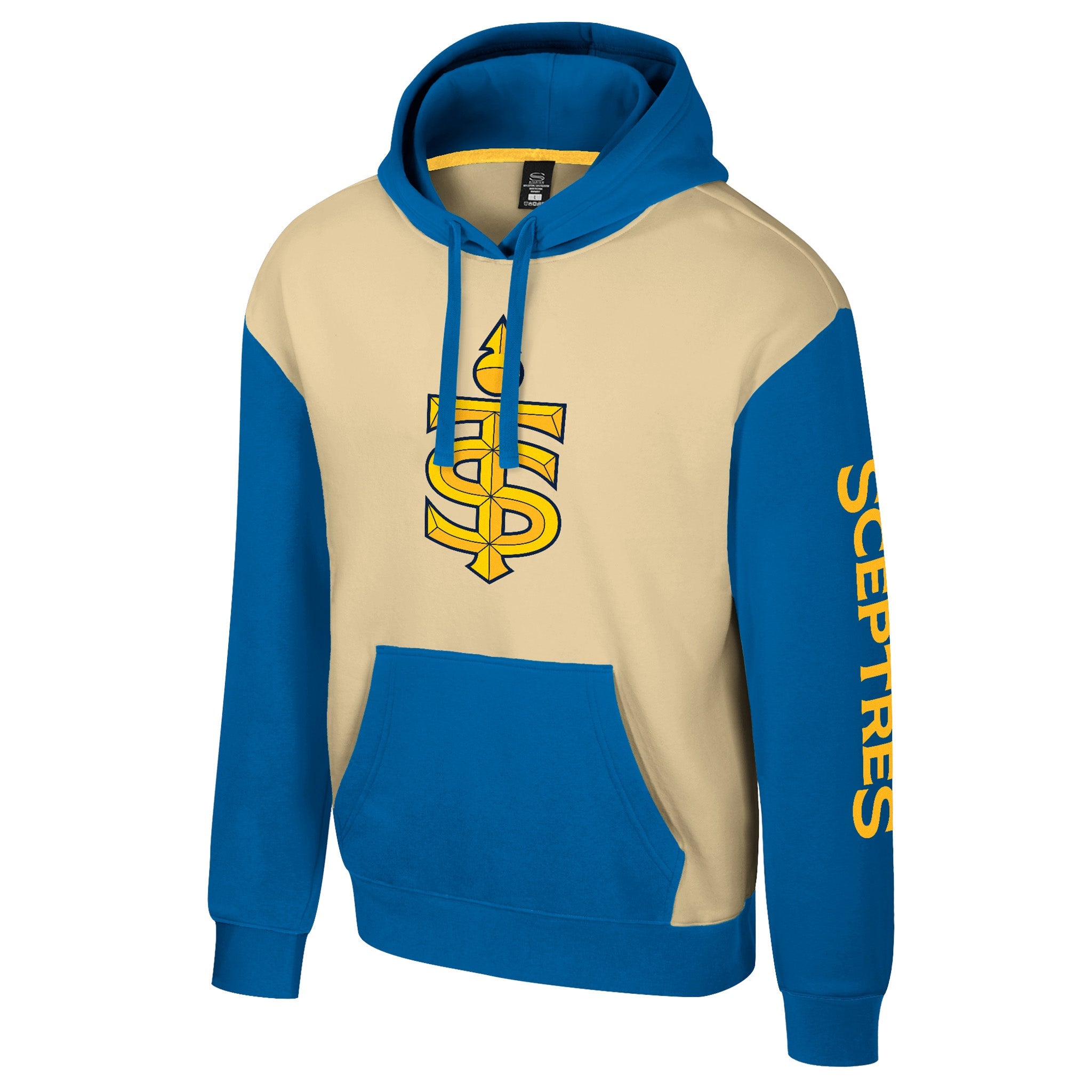 cream and blue hoodie with 'Sceptres' logo on a white background