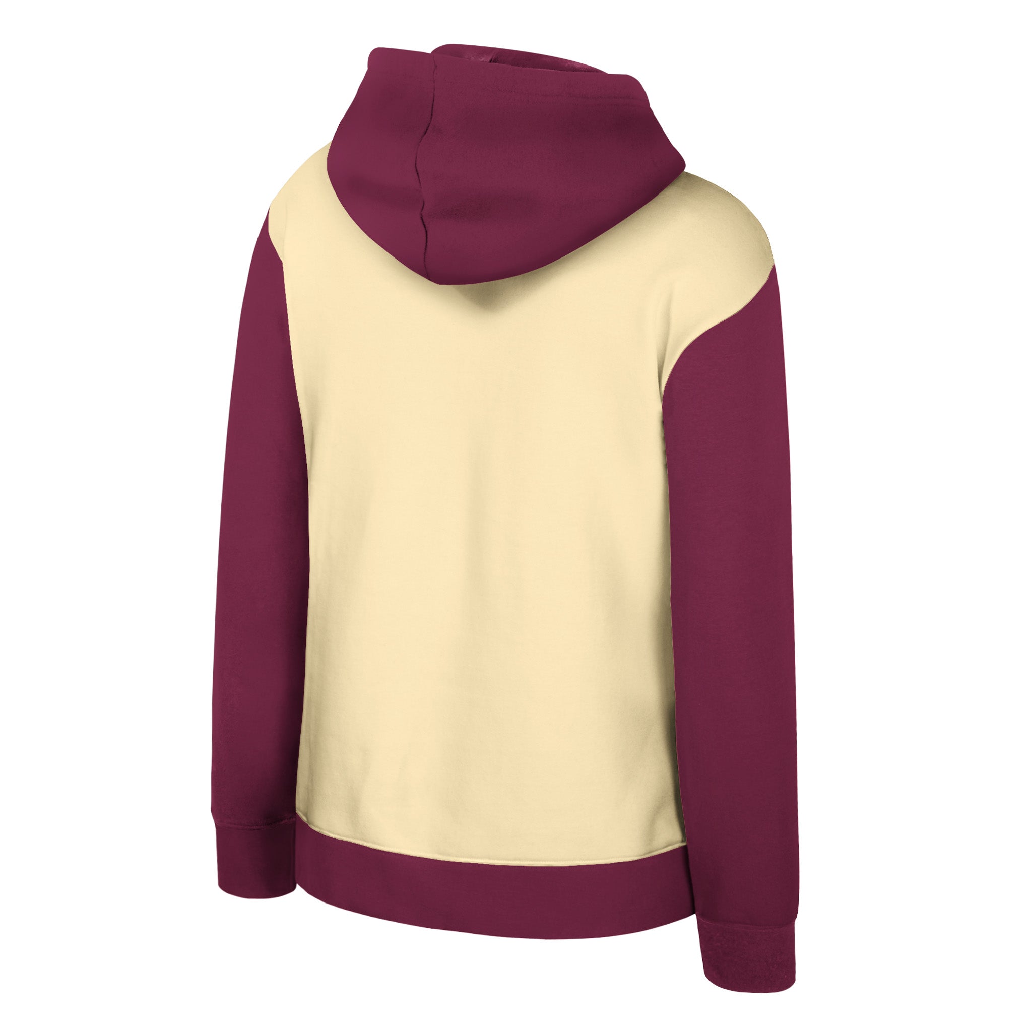 Hoodie with maroon sleeves and hood, cream front and back on a white background