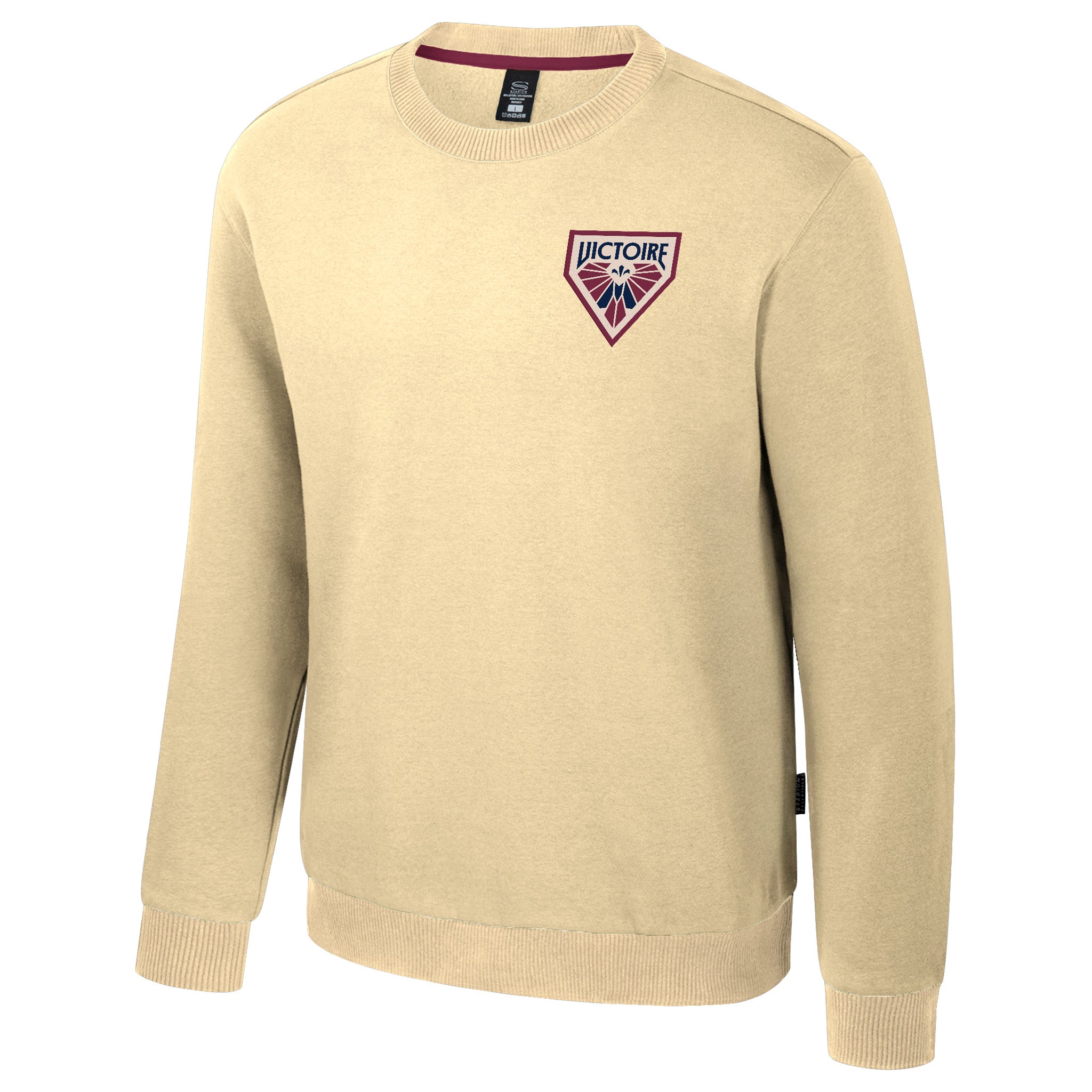 Cream sweater with a logo on the chest against a white background