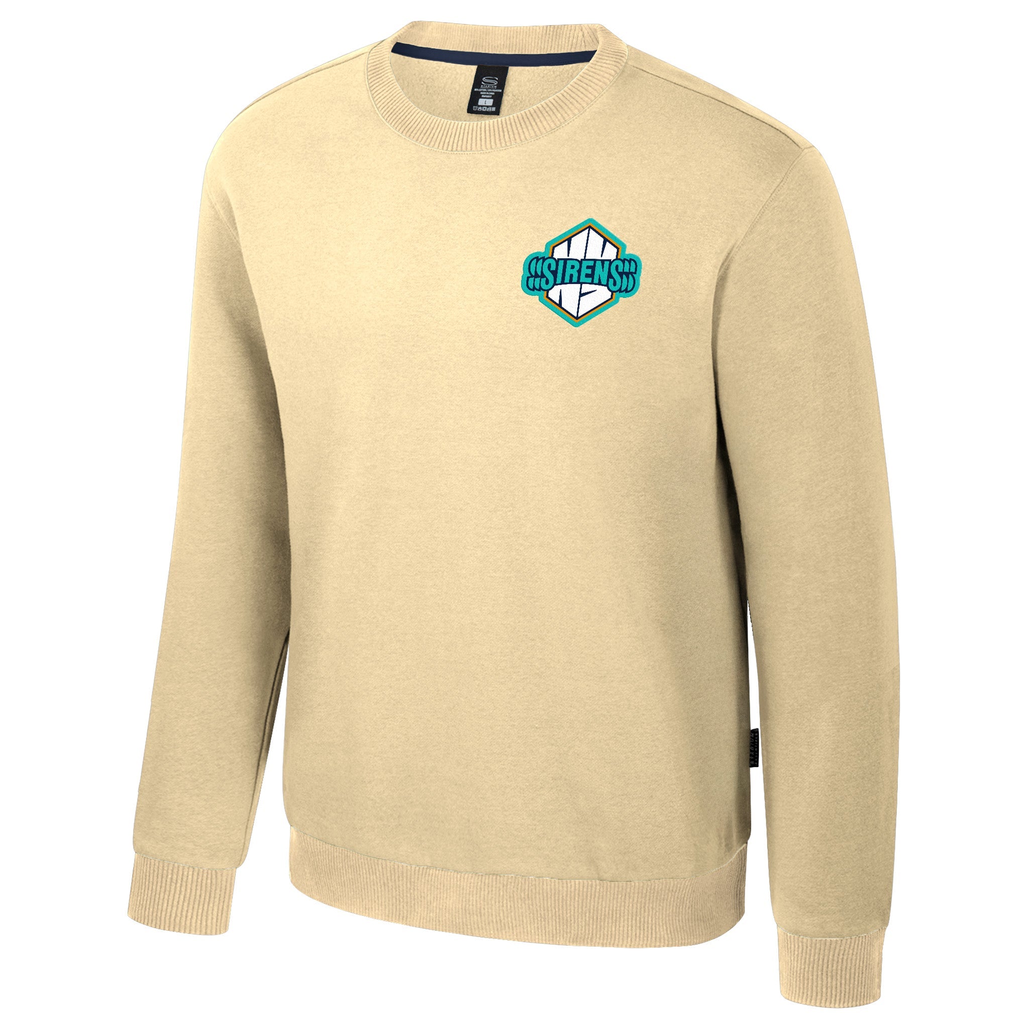Cream sweater with a logo on the chest against a white background