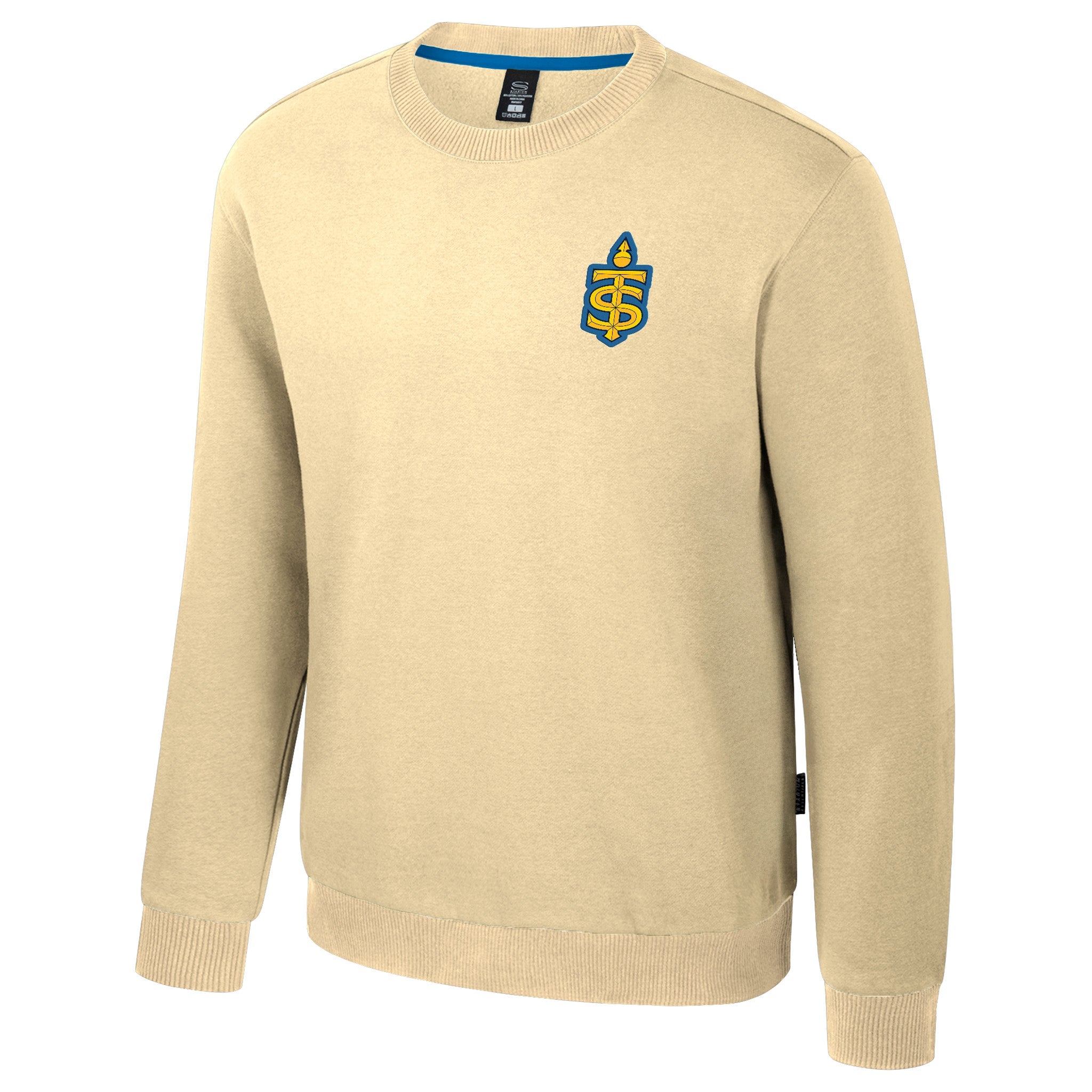 Cream sweater with a logo on the chest against a white background