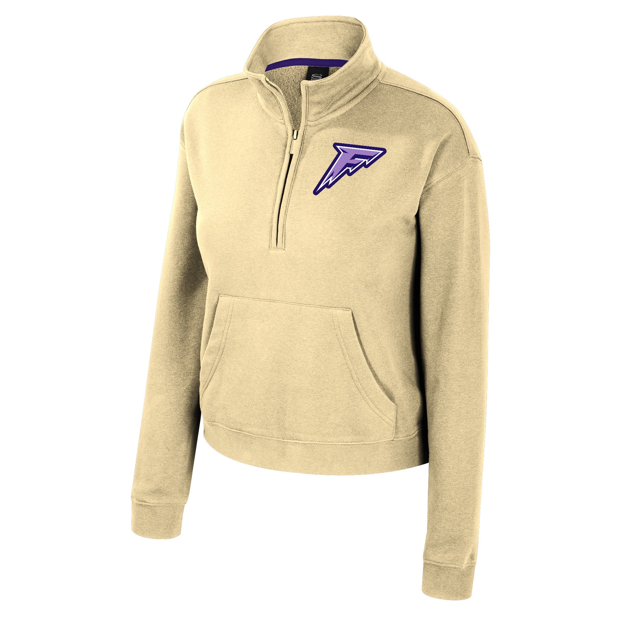 Cream half-zip sweatshirt with a purple logo on a white background