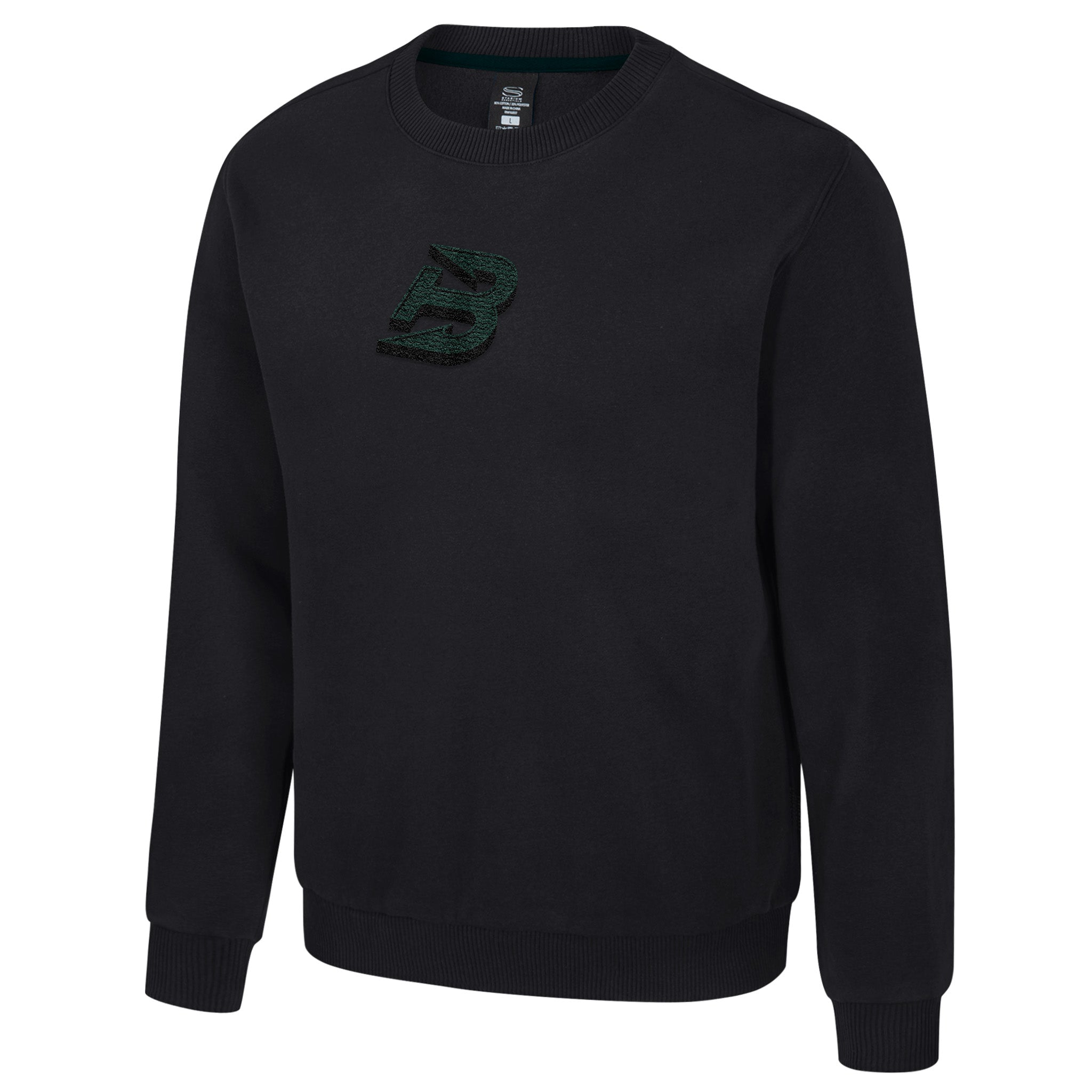 Black sweatshirt with a green logo on a white background