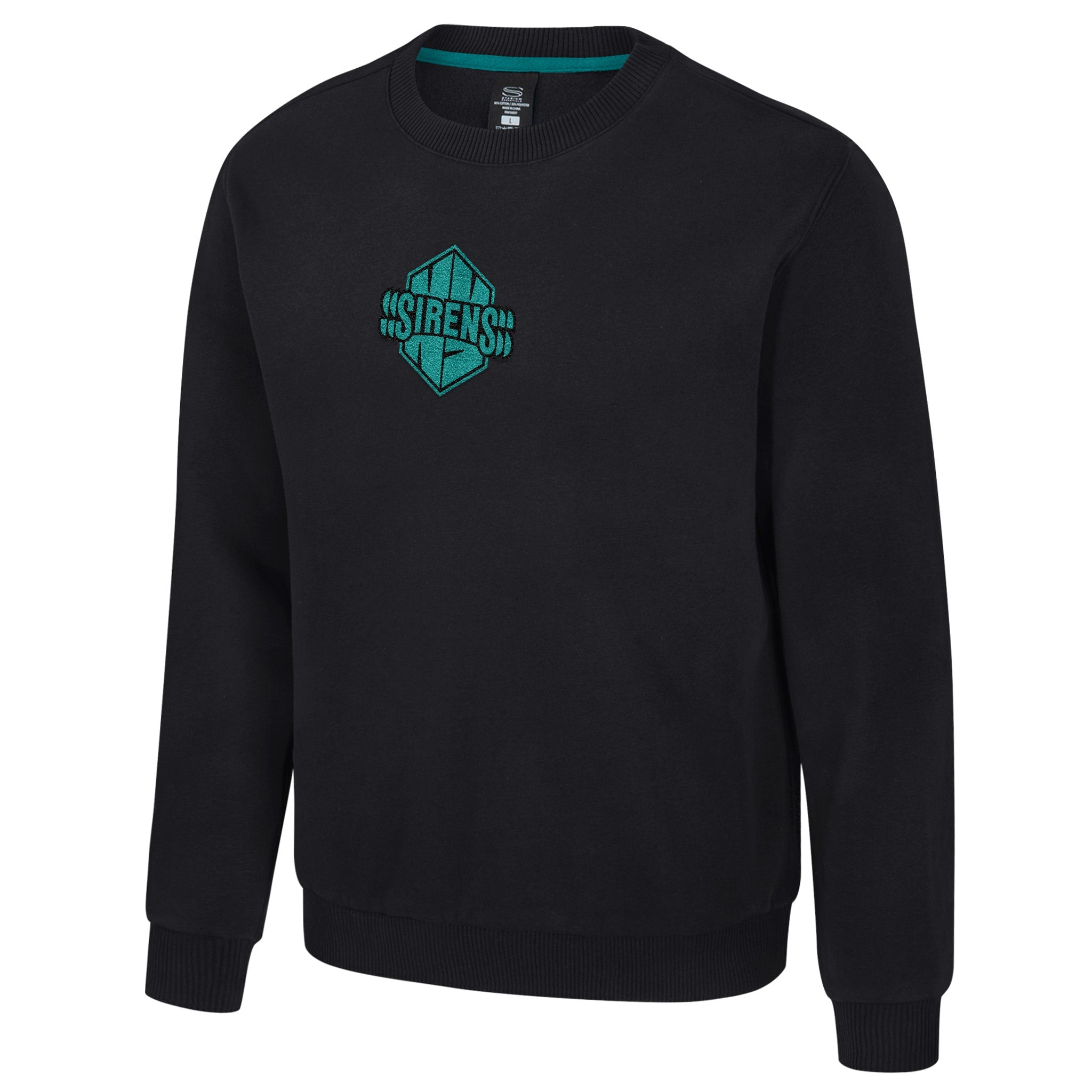 Black sweatshirt with a green logo on a white background