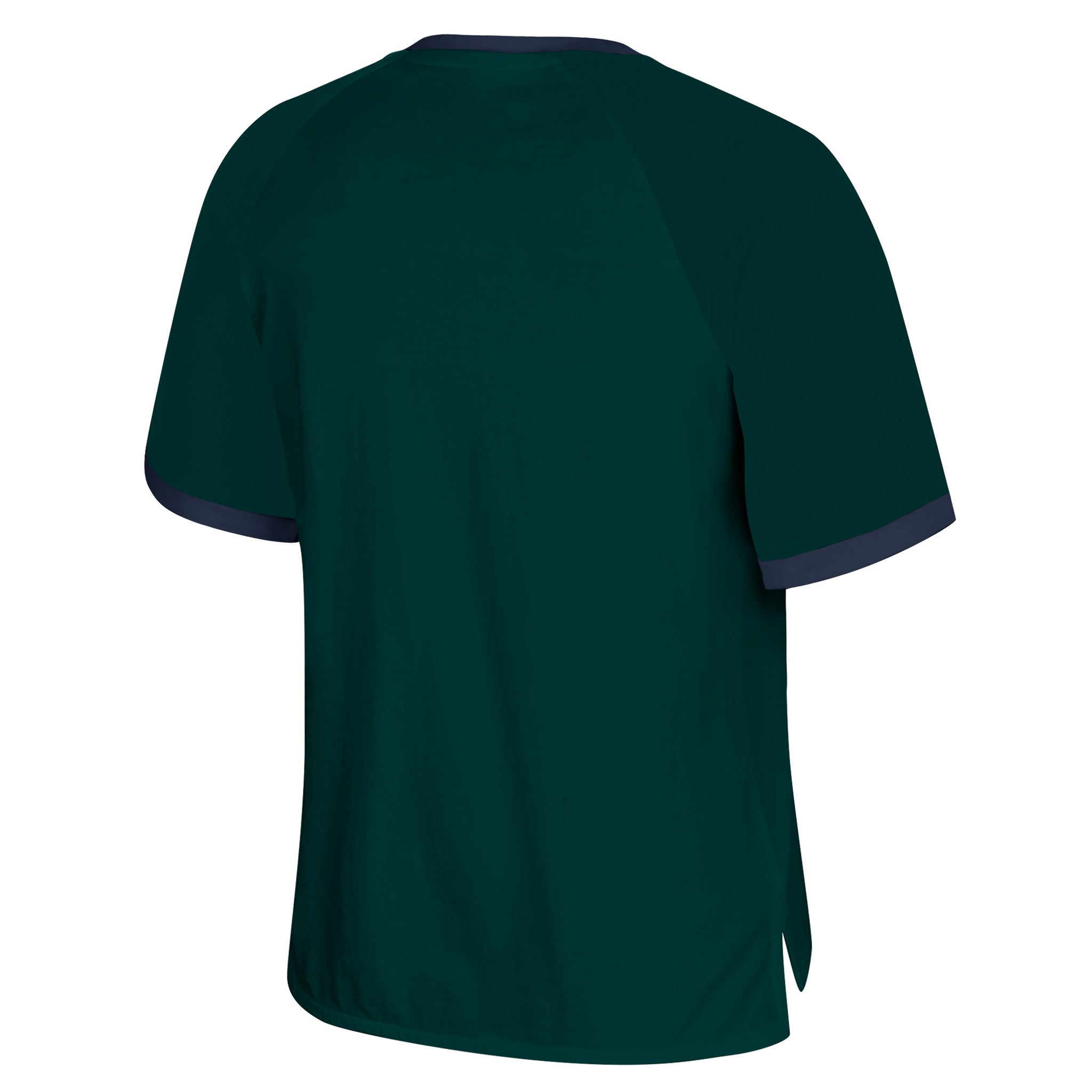 Green t-shirt with purple trim on a white background