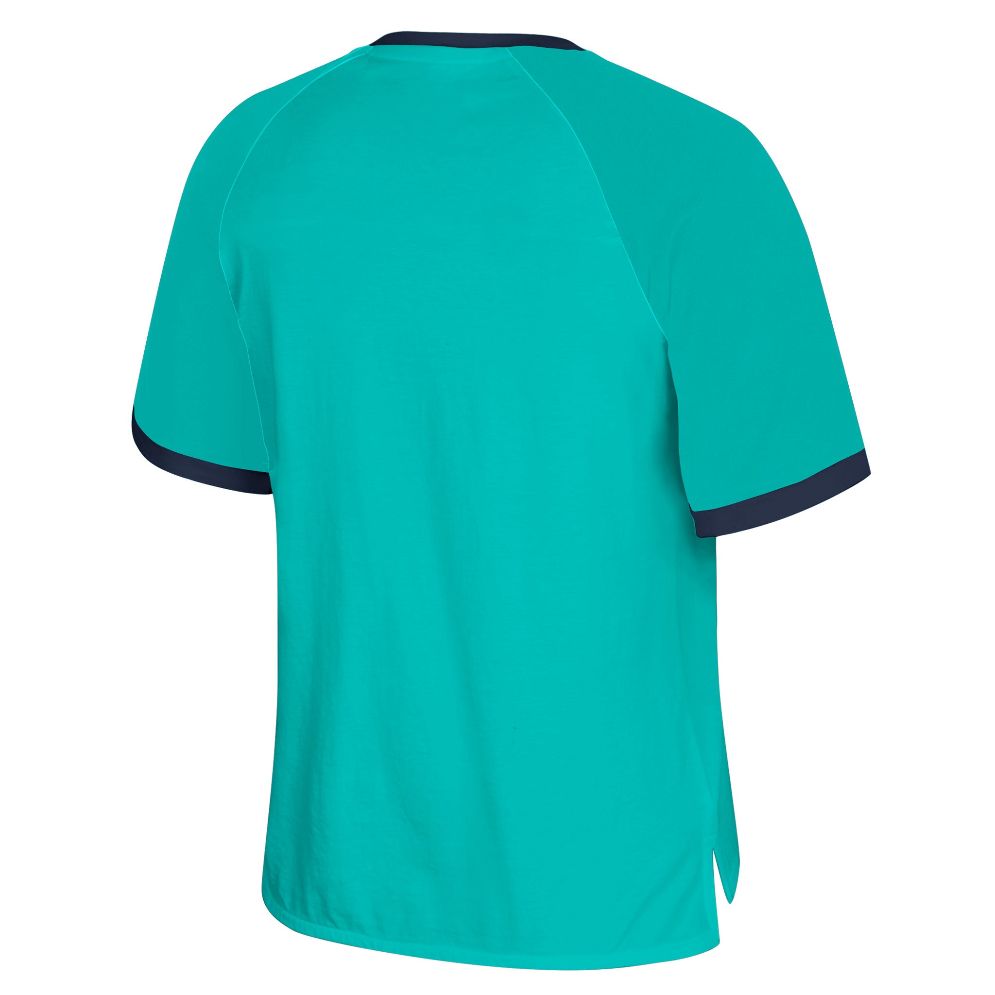 Teal t-shirt with black trim on a white background
