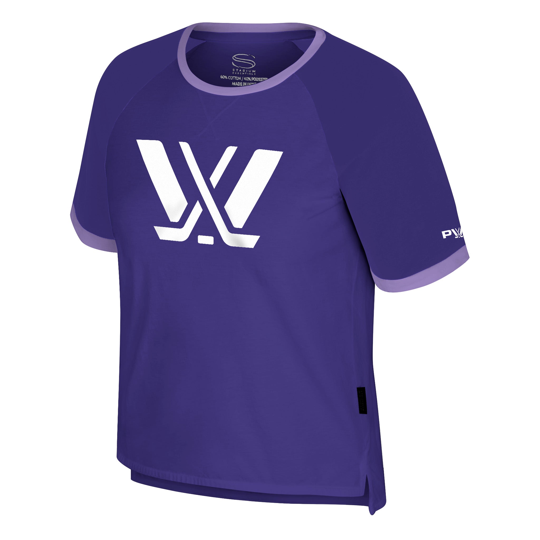Purple t-shirt with a white logo on a white background