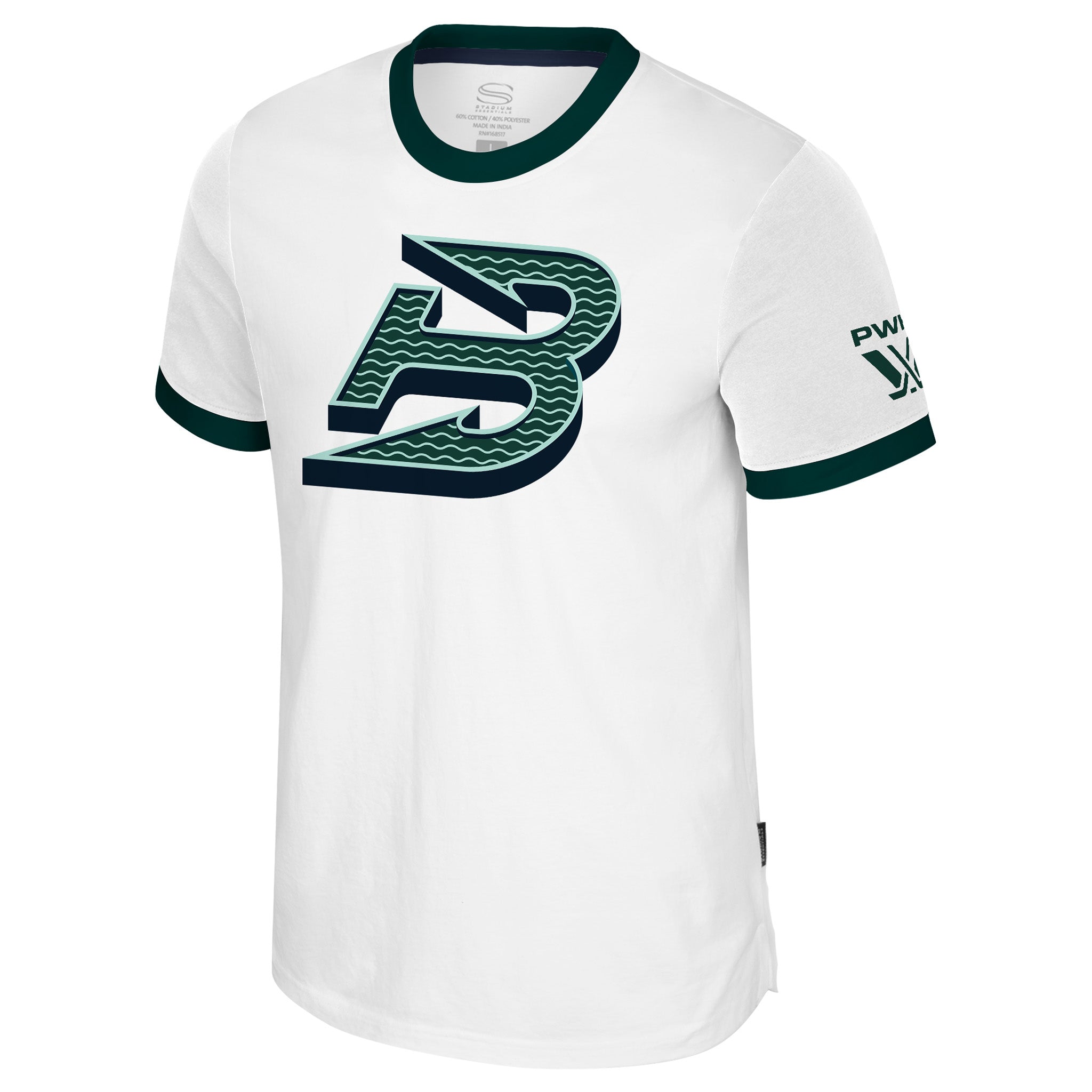 White t-shirt with green and black logo on a white background