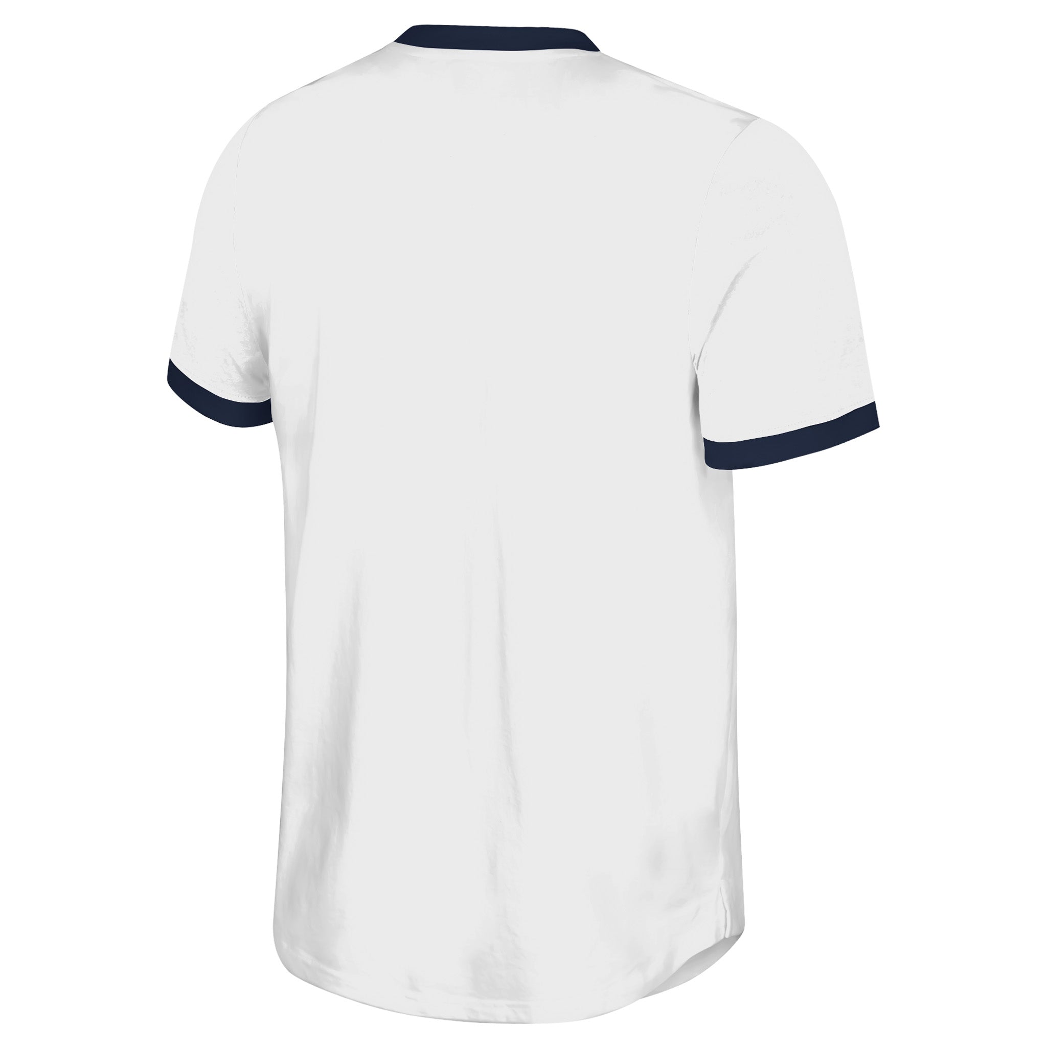 White t-shirt with navy trim on a white background