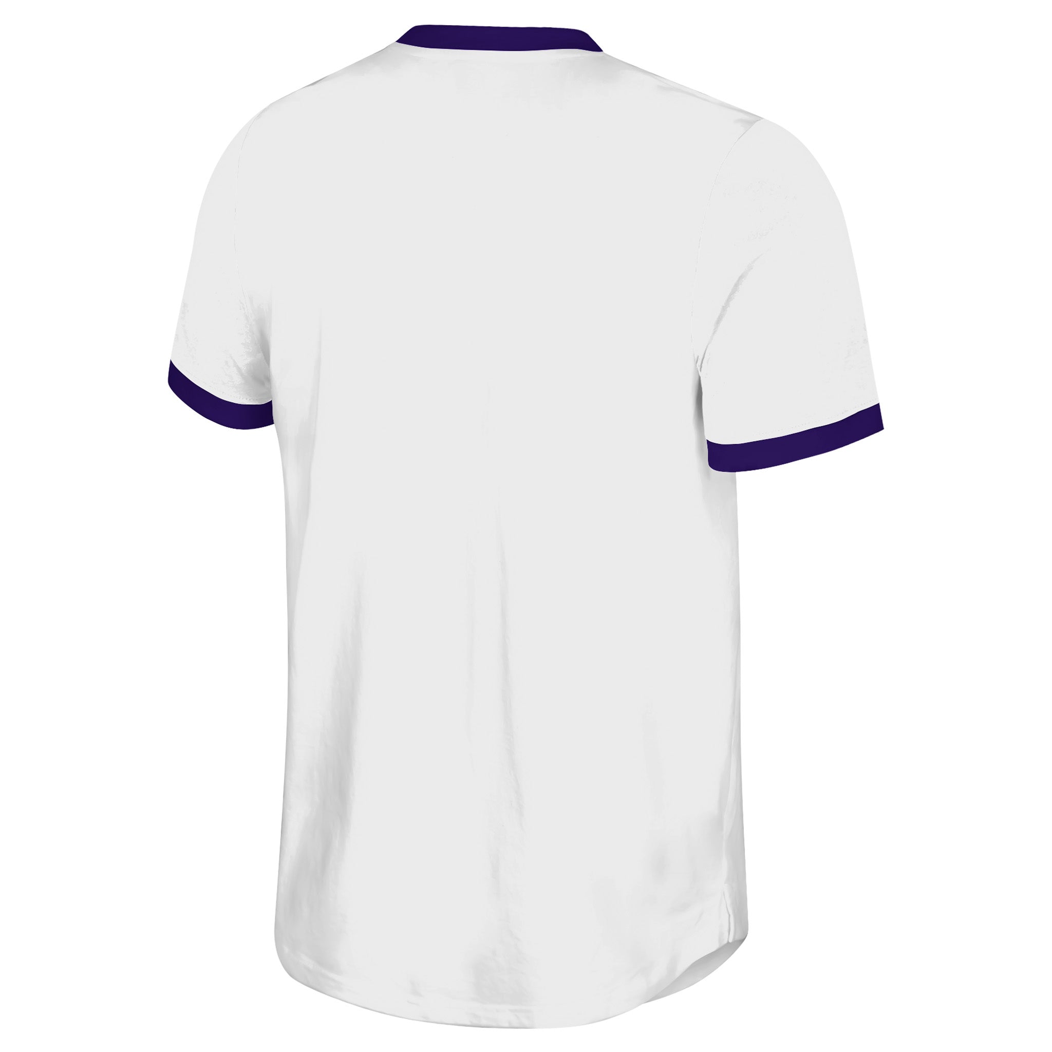 White t-shirt with purple trim on a white background