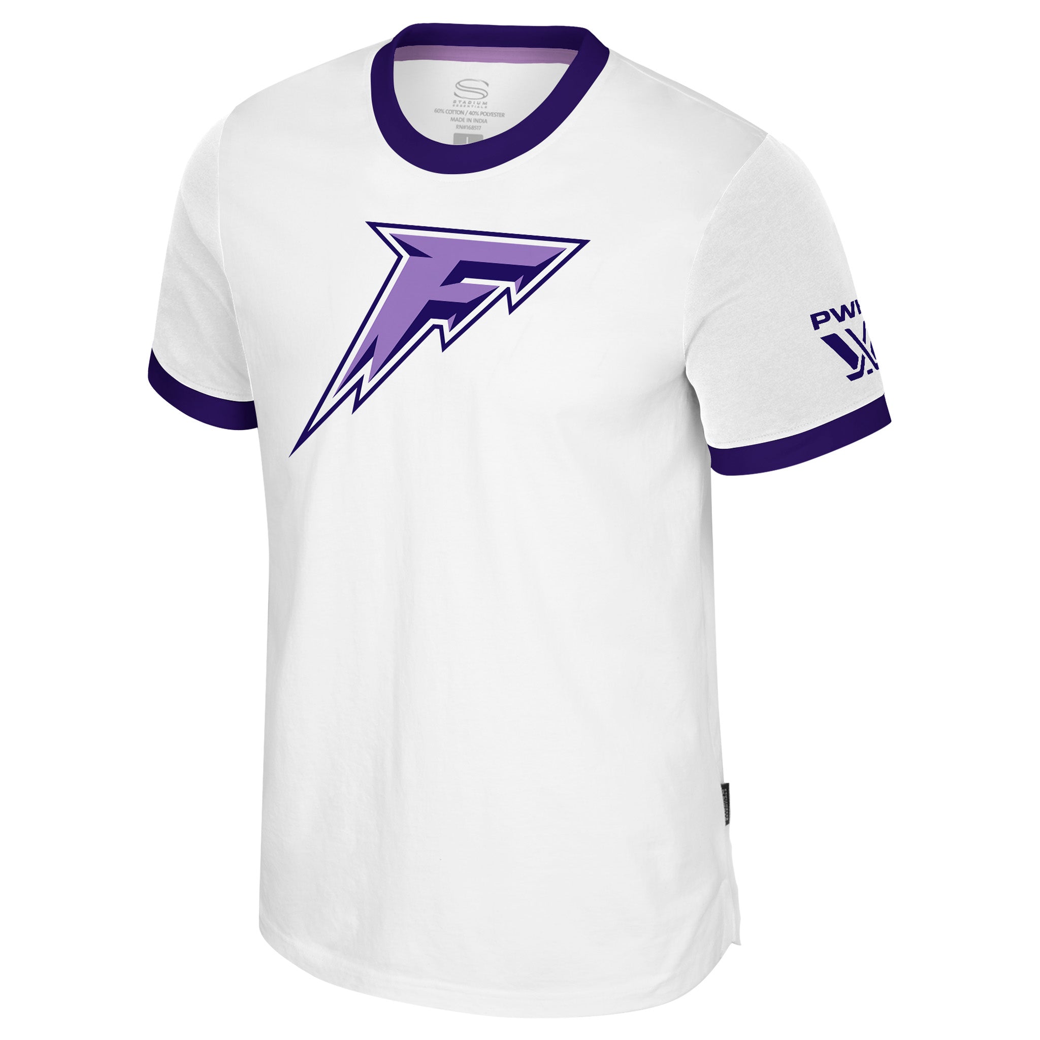 White t-shirt with purple accents and logo on a white background