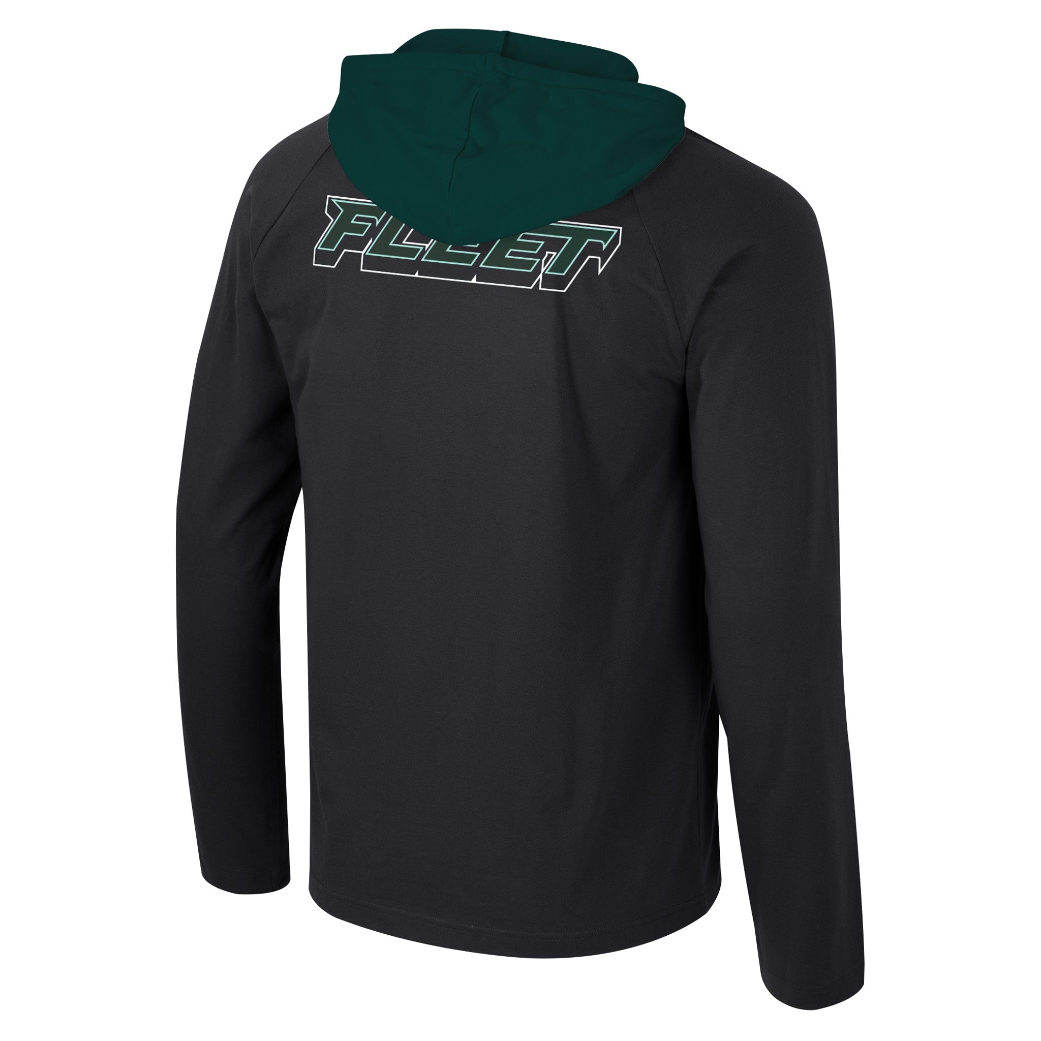 Black hoodie with green hood and 'FILLET' logo on the back against a white background