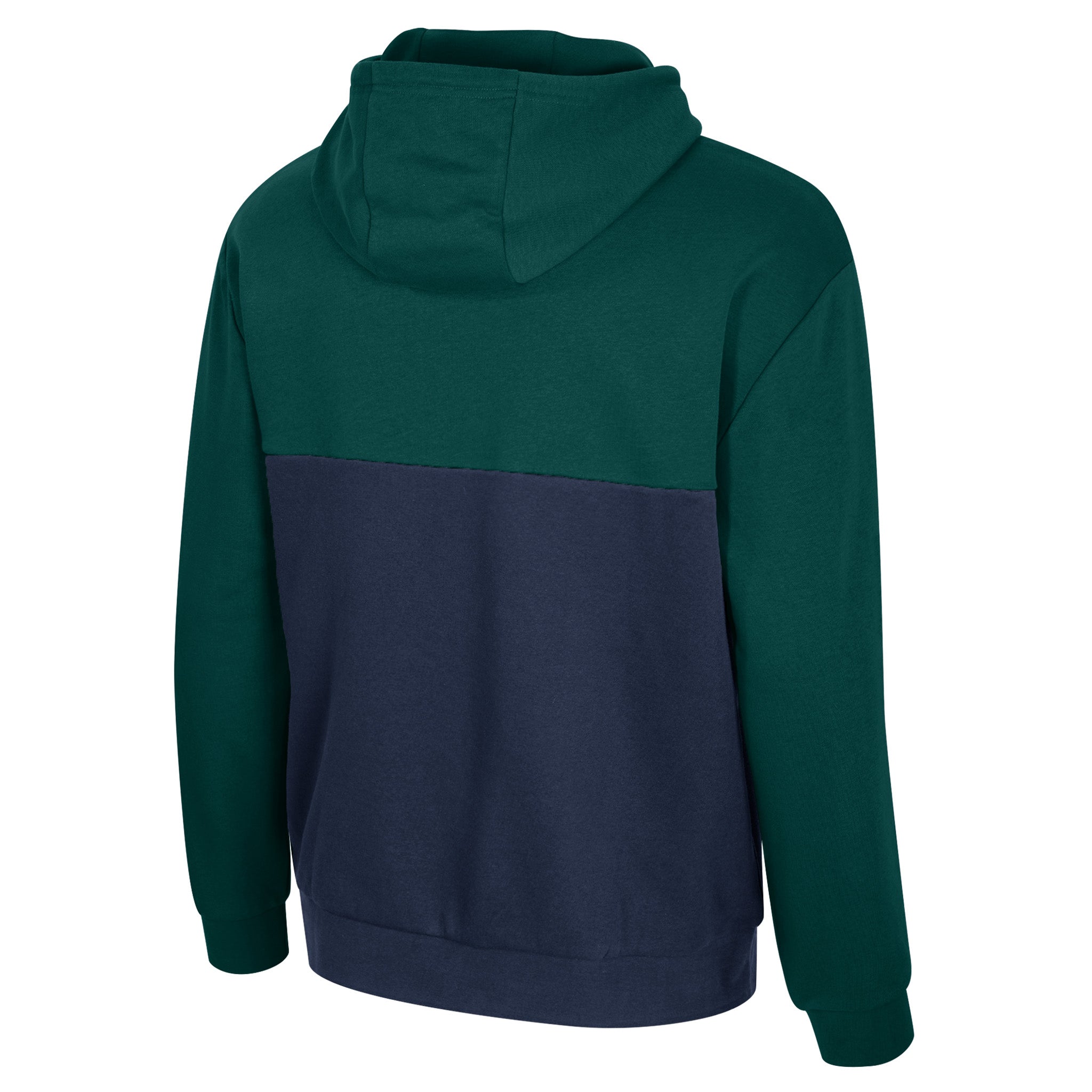 Two-tone green and navy hoodie on a white background