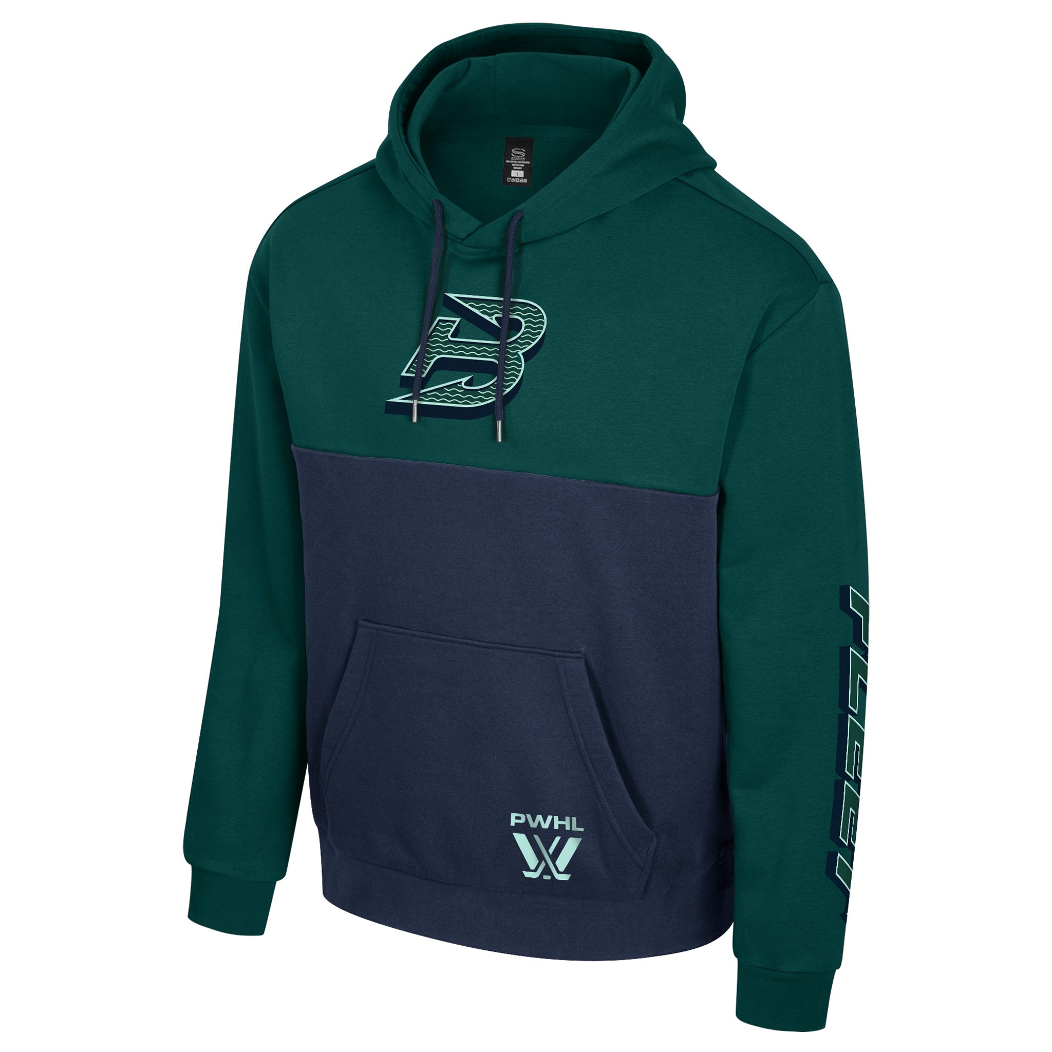 Green and navy hoodie with logo on a white background