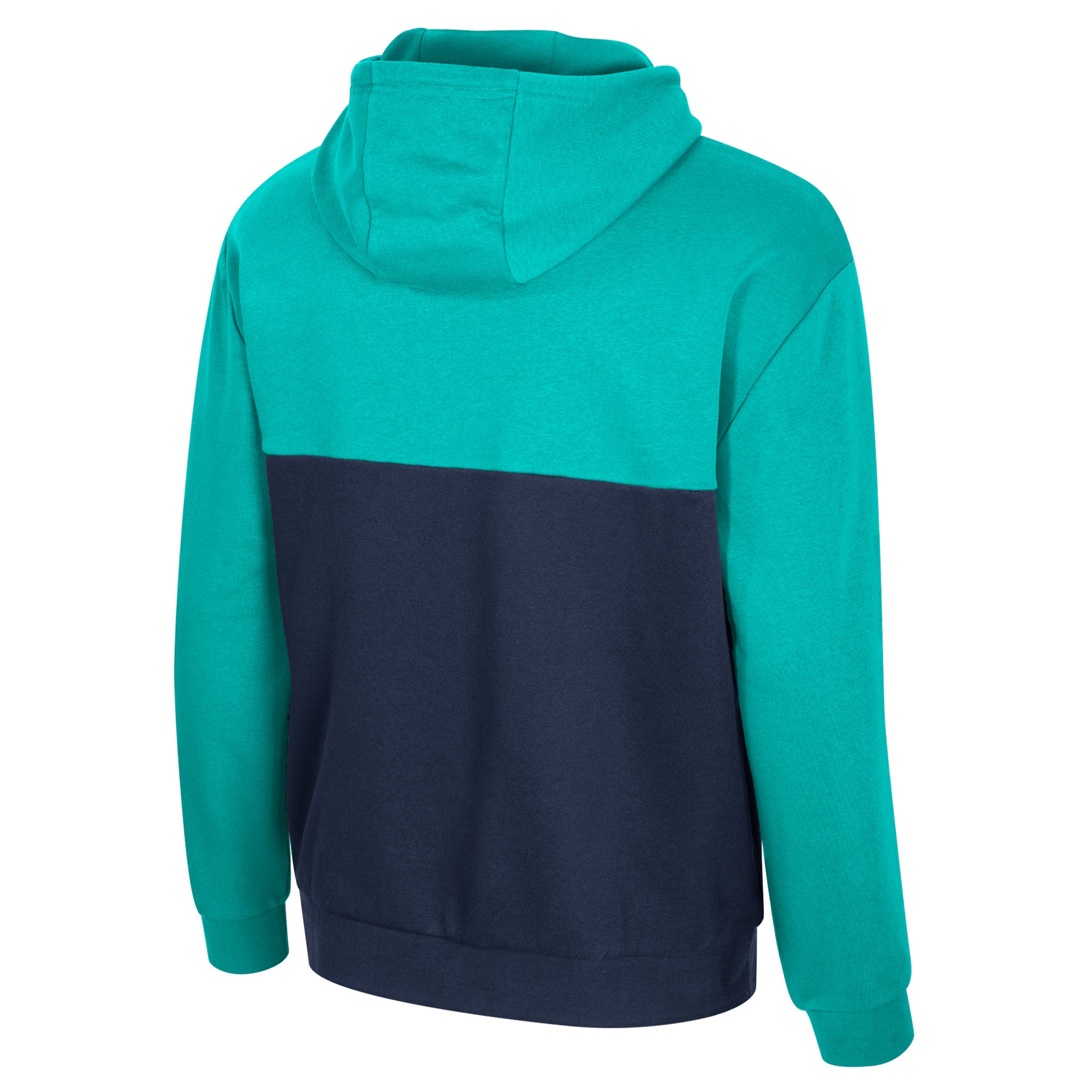 Two-tone teal and navy hoodie on a white background