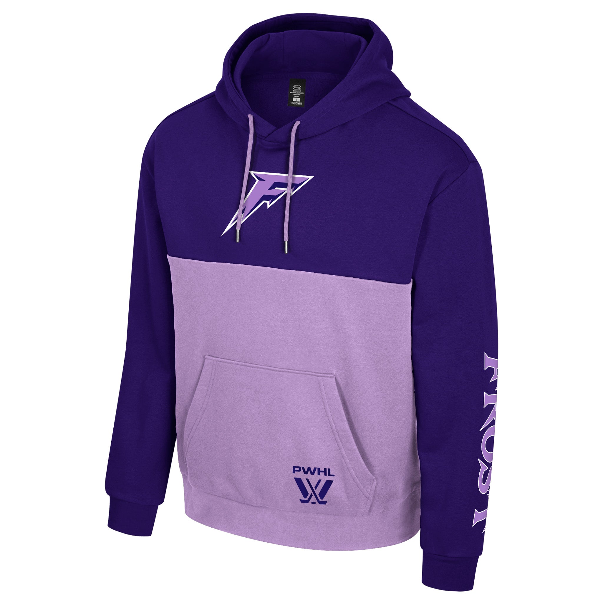 Purple and lavender hoodie with logos on a white background
