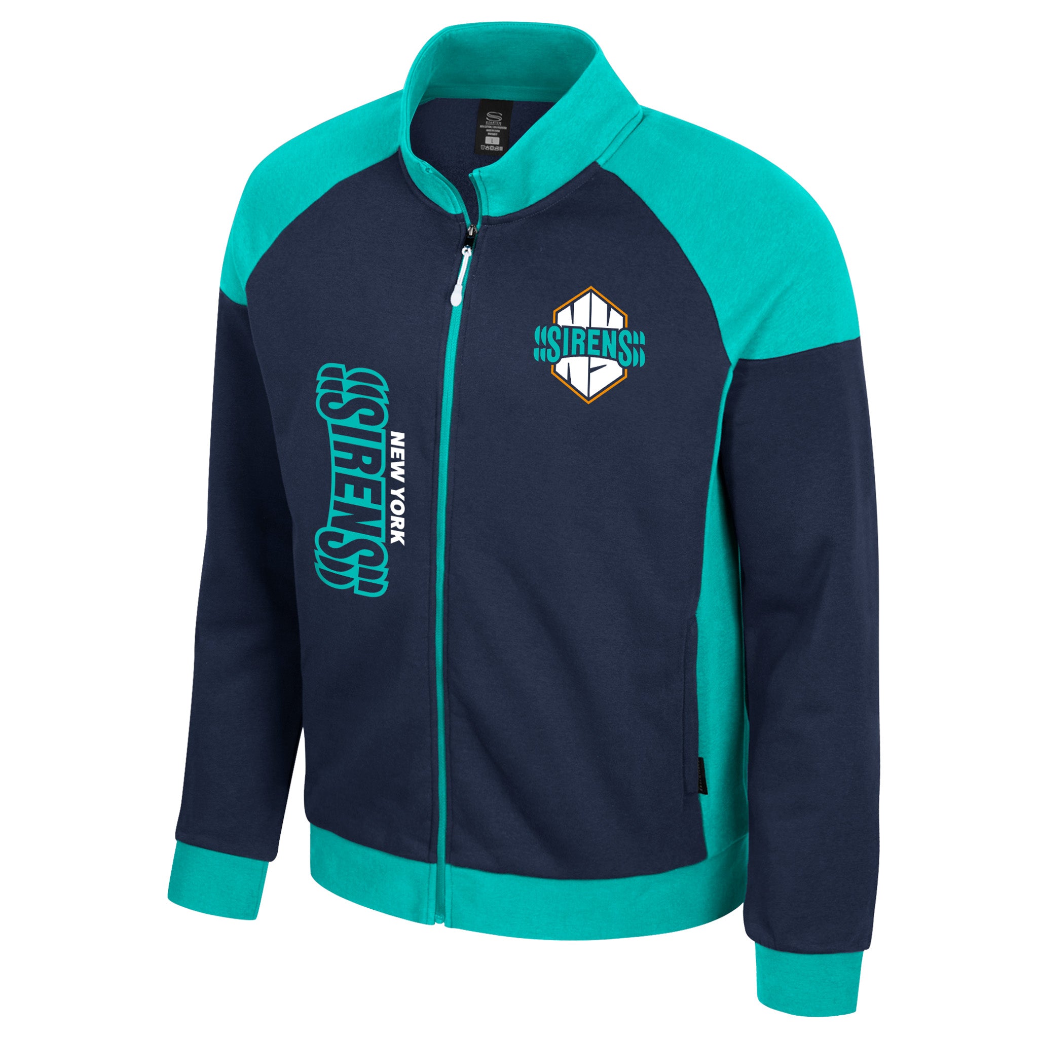 Navy and teal jacket with brand logo on a white background