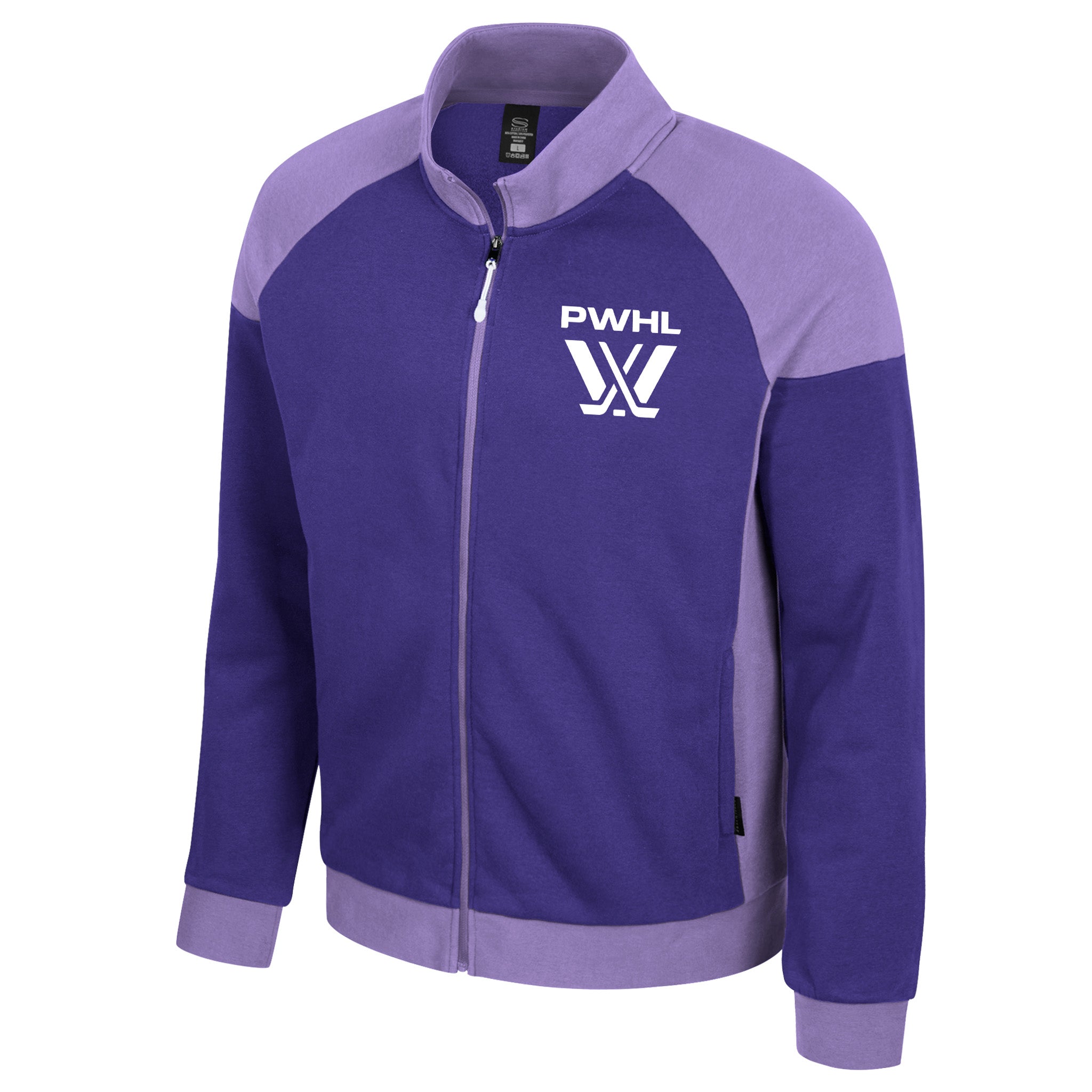 Purple and gray jacket with a logo on a white background