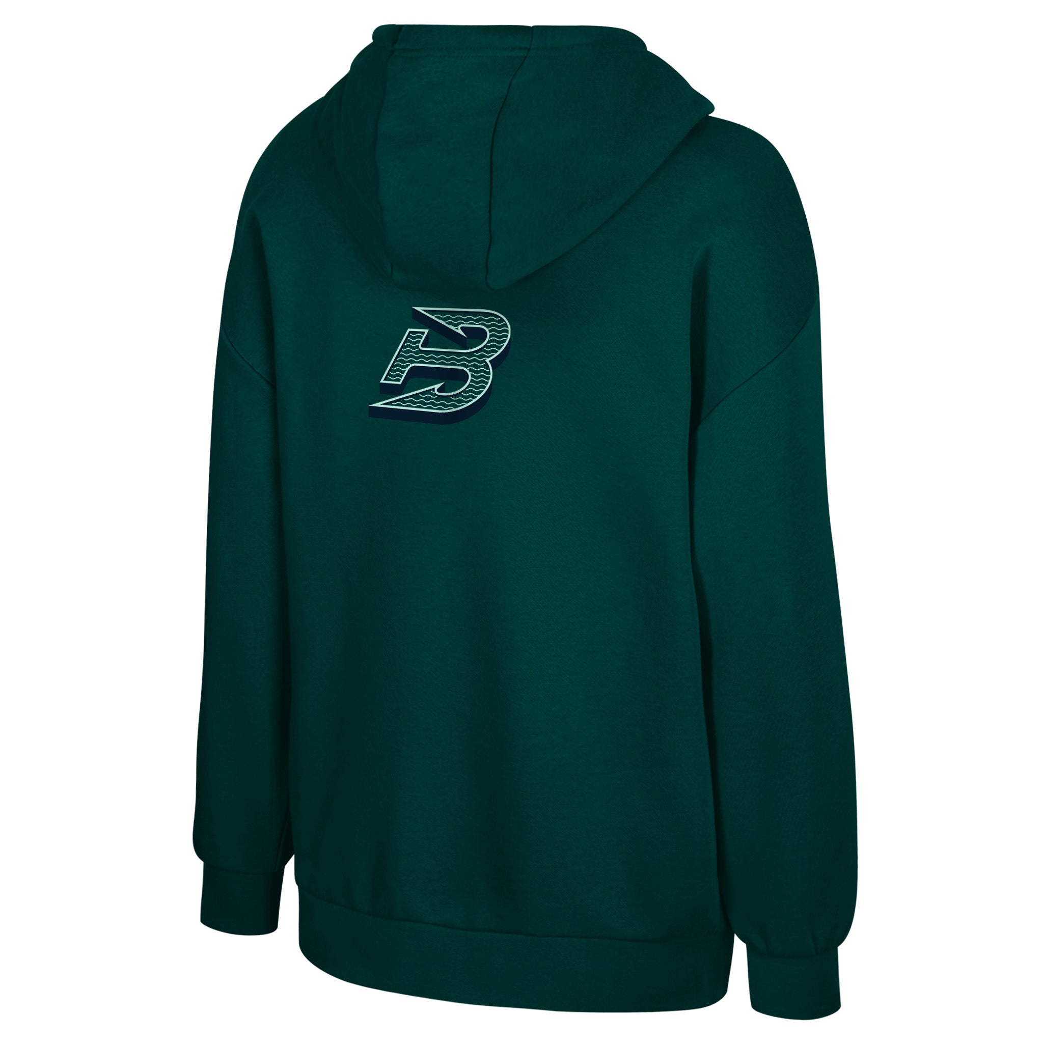 Green hoodie with a logo on the back against a white background