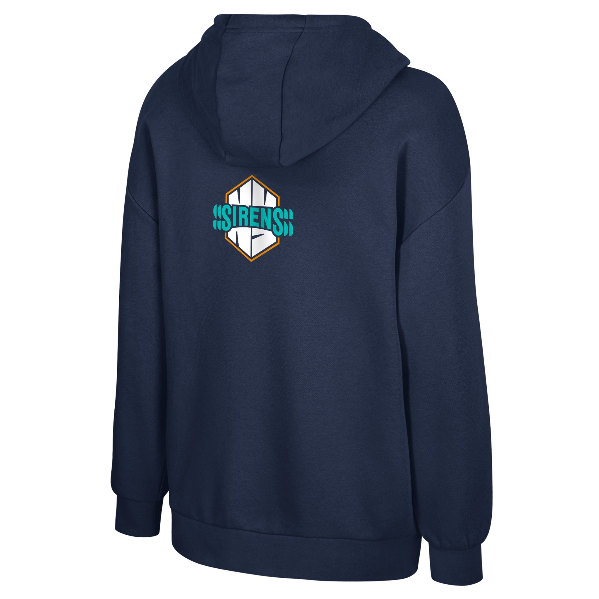 Navy blue hoodie with a logo on the back against a white background