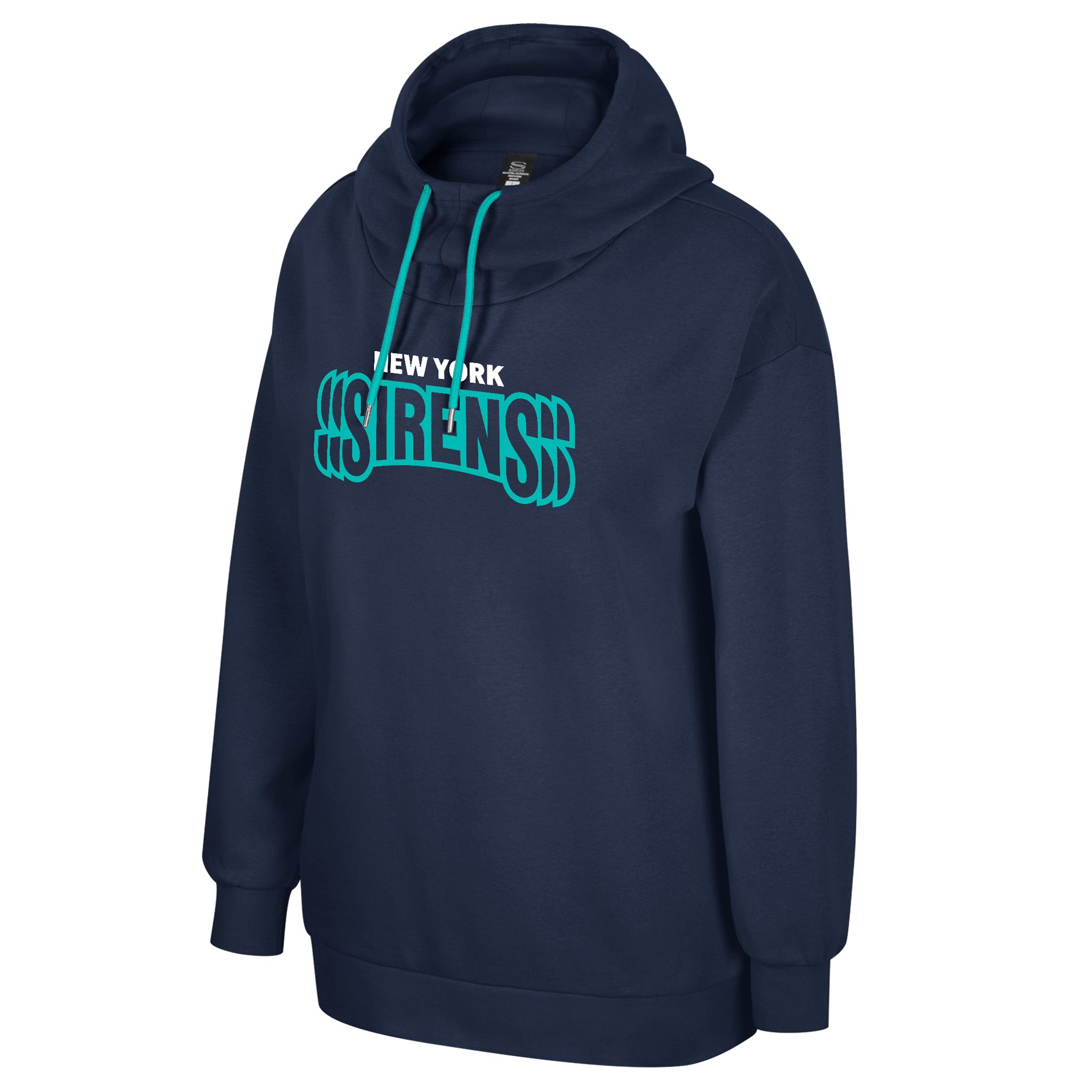 Navy blue hoodie with teal text on a white background