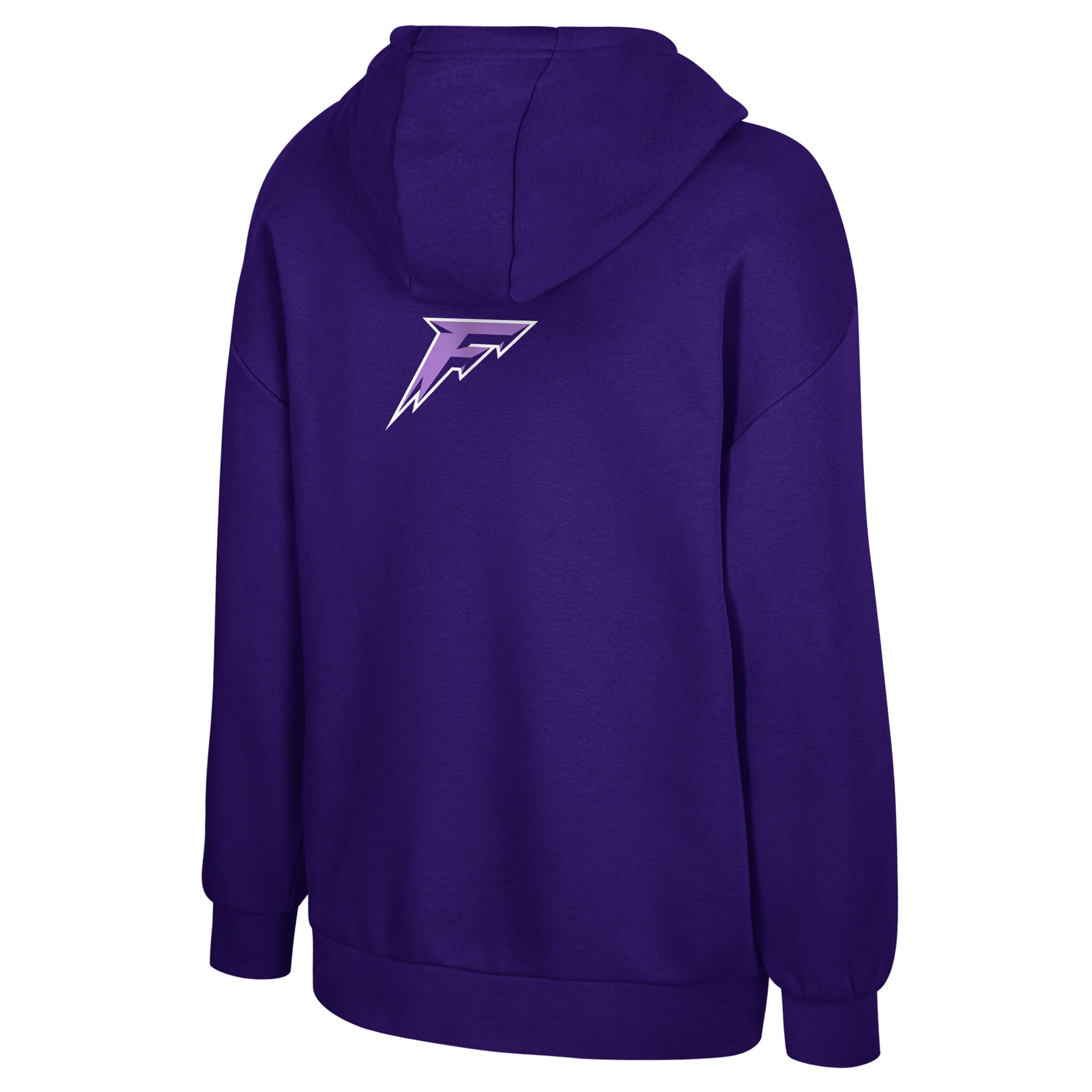 Purple hoodie with a logo on the back against a white background