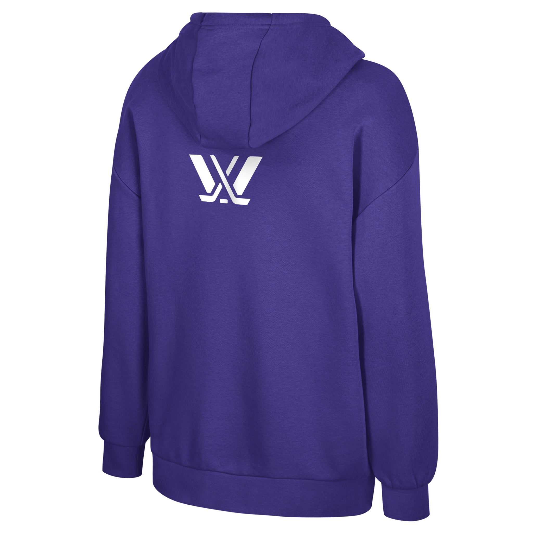 Purple hoodie with a white logo on the back against a white background