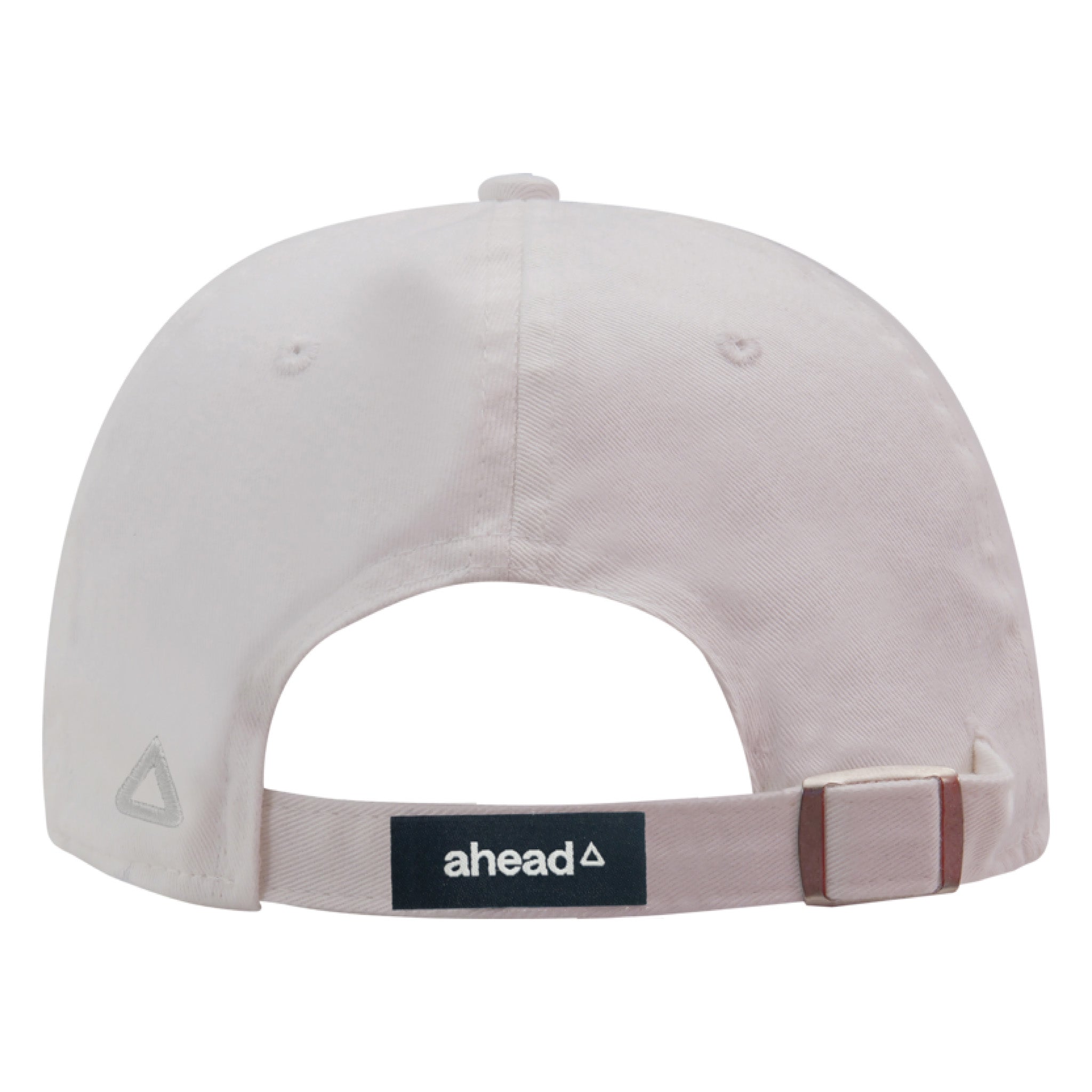 White cap with 'ahead' logo on a white background