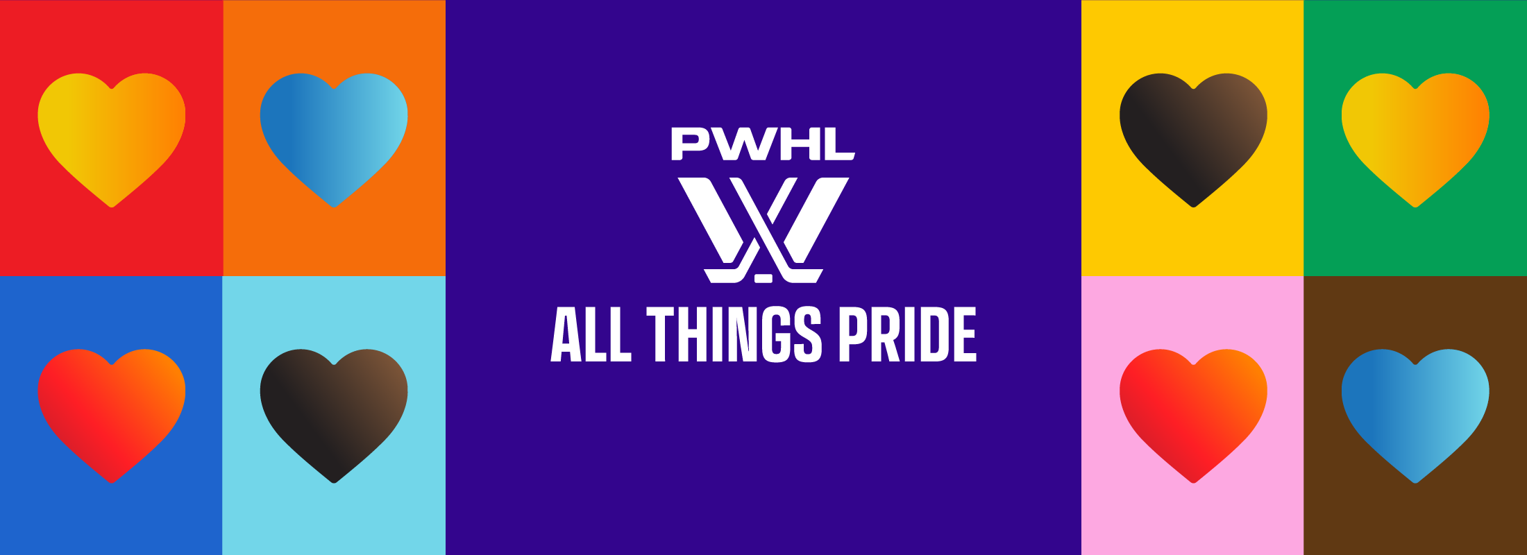 Colorful banner with hearts and PWHL logo on a blue background