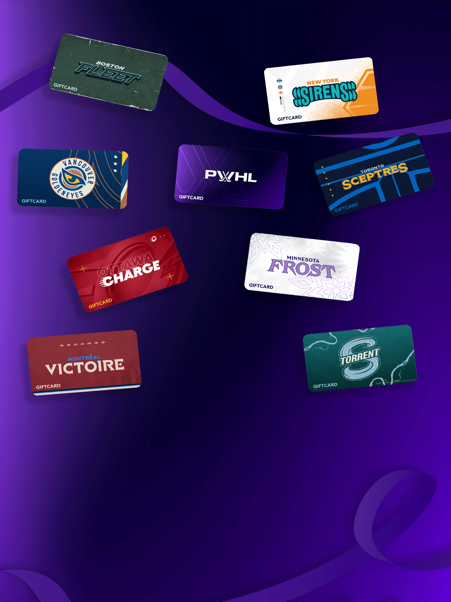 Collection of PWHL branded gift cards on a purple background