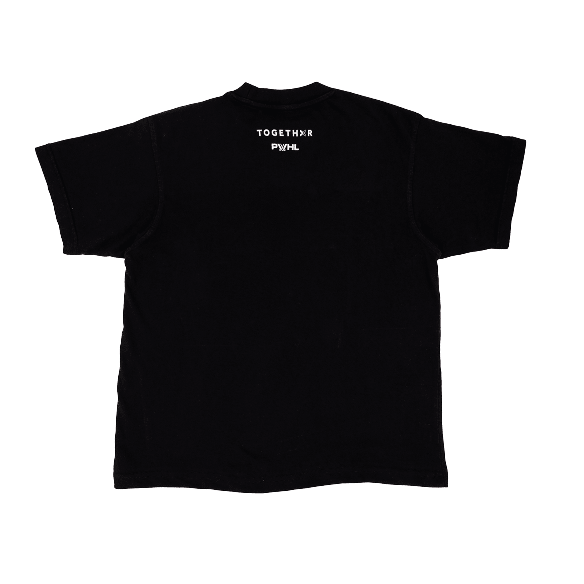 Black t-shirt with white text on a white background