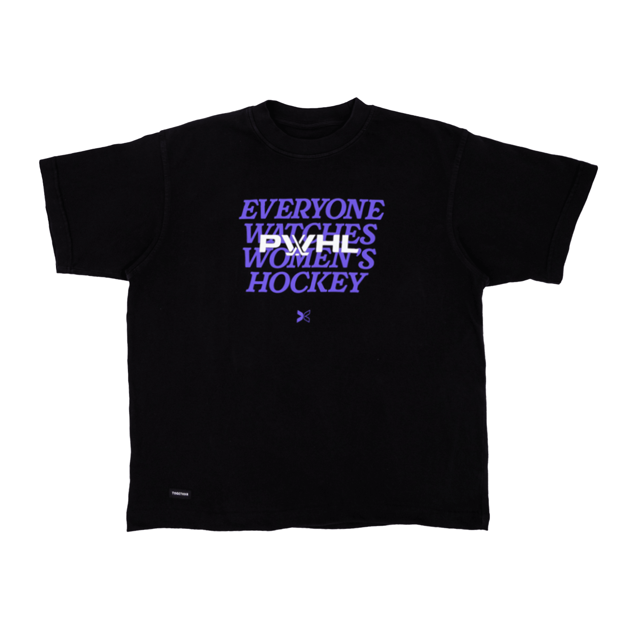 Black t-shirt with purple text on a white background