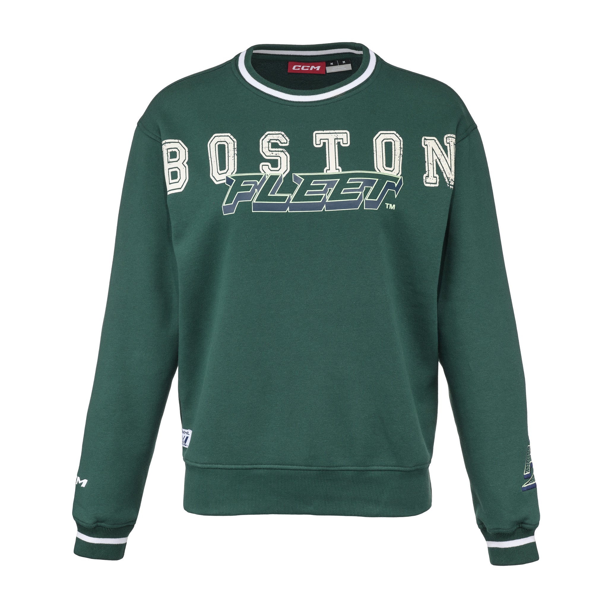 Green sweatshirt with 'Boston Fleet' text on a white background