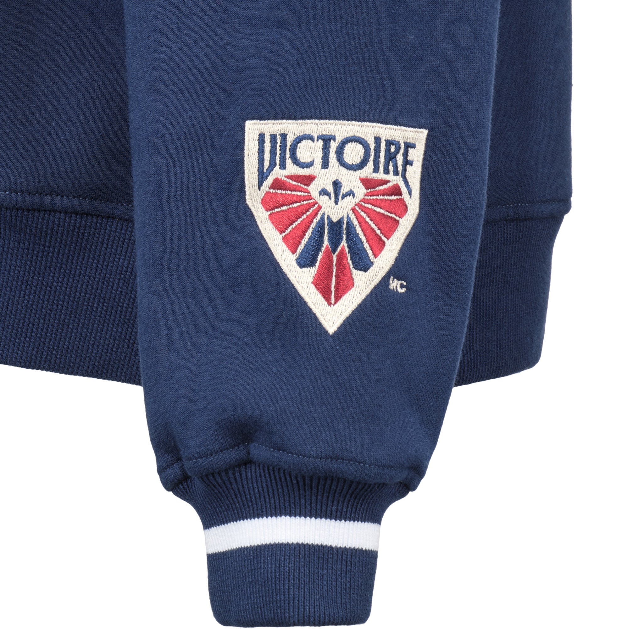 Navy blue sweatshirt with 'Victoire' logo on a white background