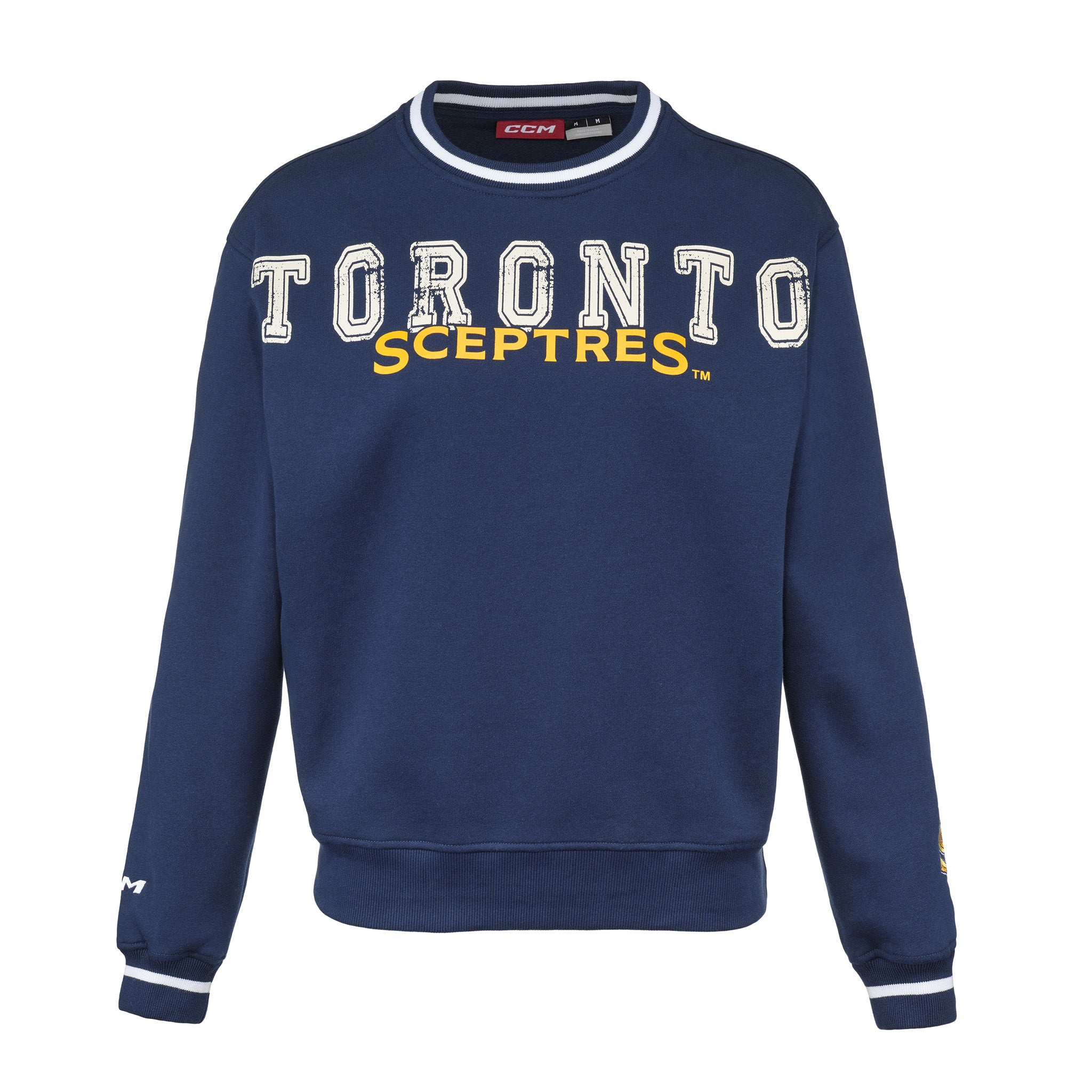 Navy blue sweatshirt with 'Toronto Sceptres' text on a white background
