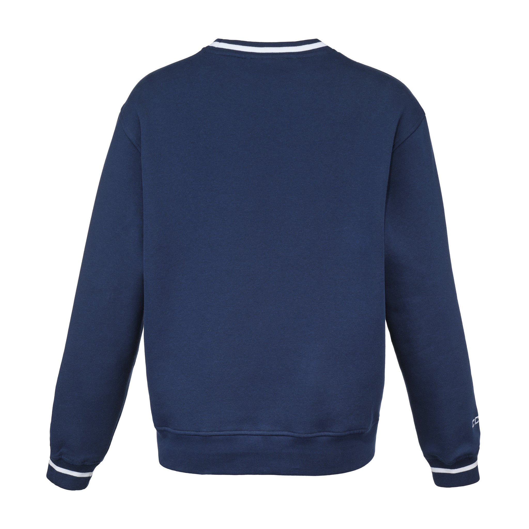 Navy blue sweatshirt with white trim on a white background