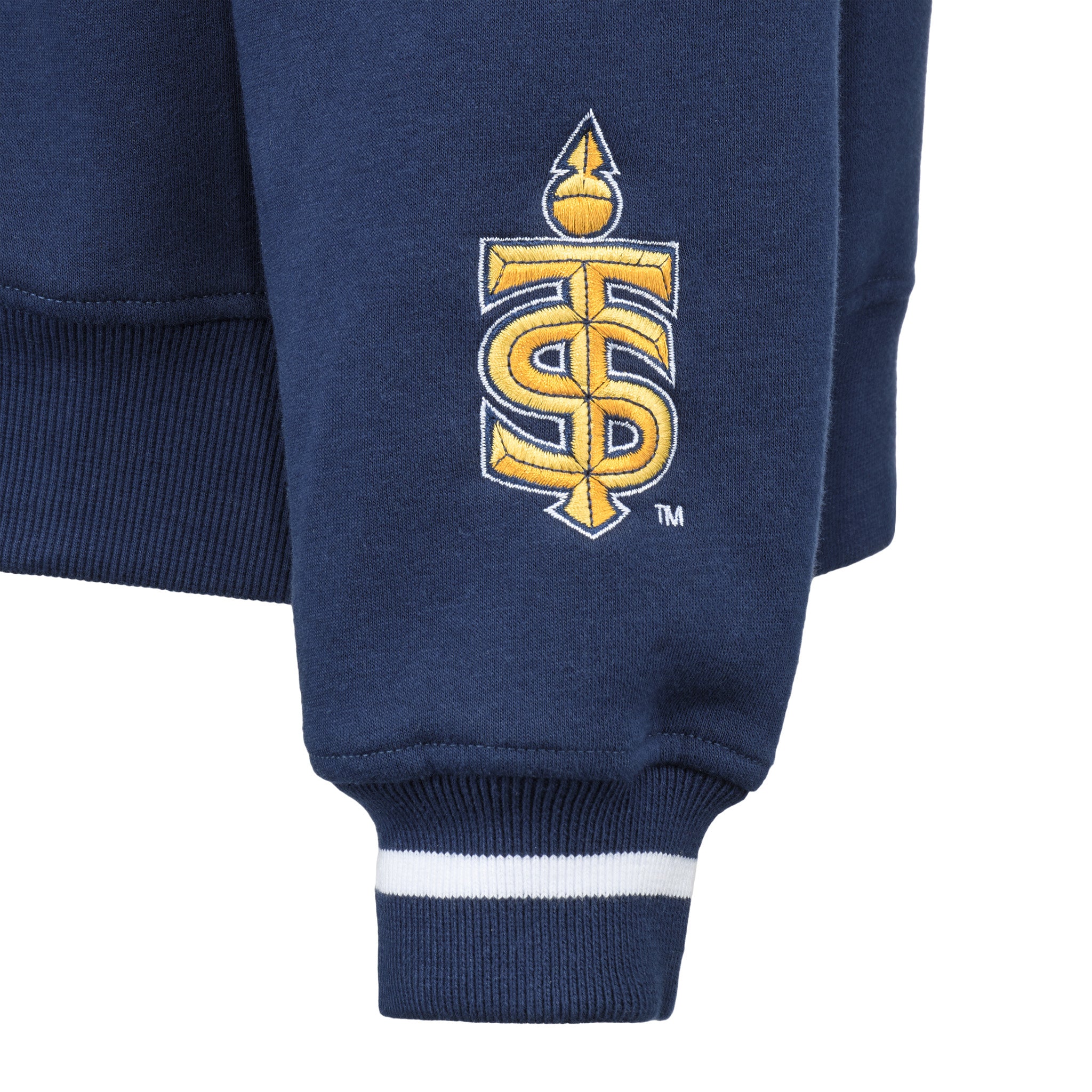 Navy blue sweatshirt with a yellow and white logo on a white background