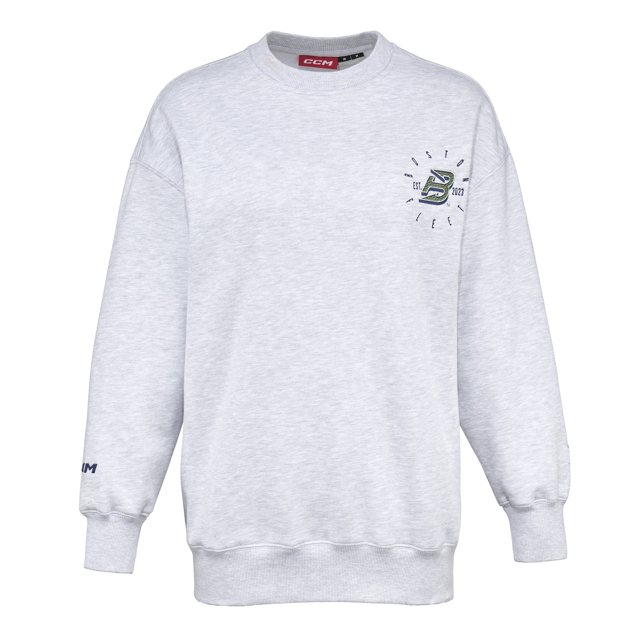 Gray sweatshirt with branding on a white background