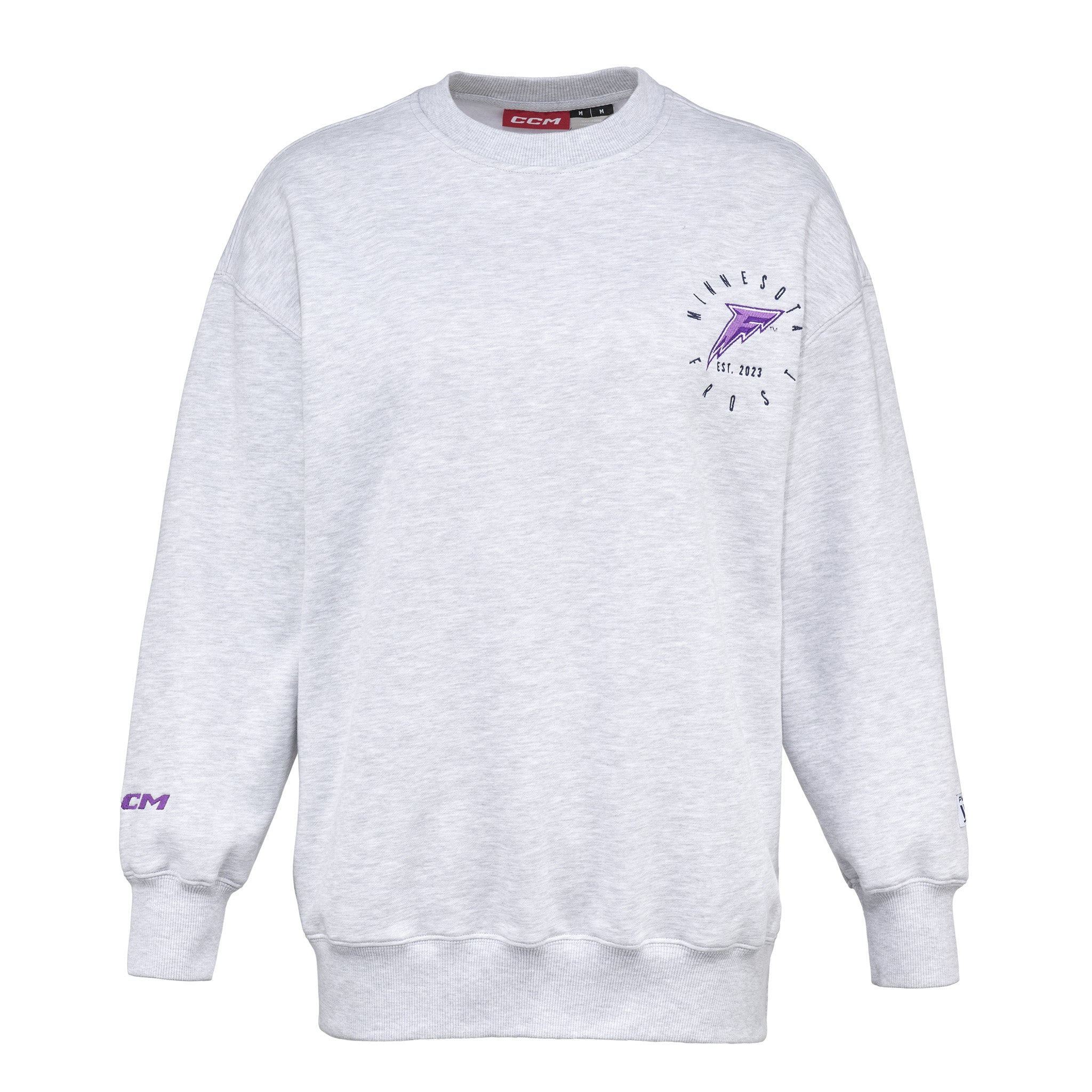 Gray sweatshirt with a logo on the chest against a white background