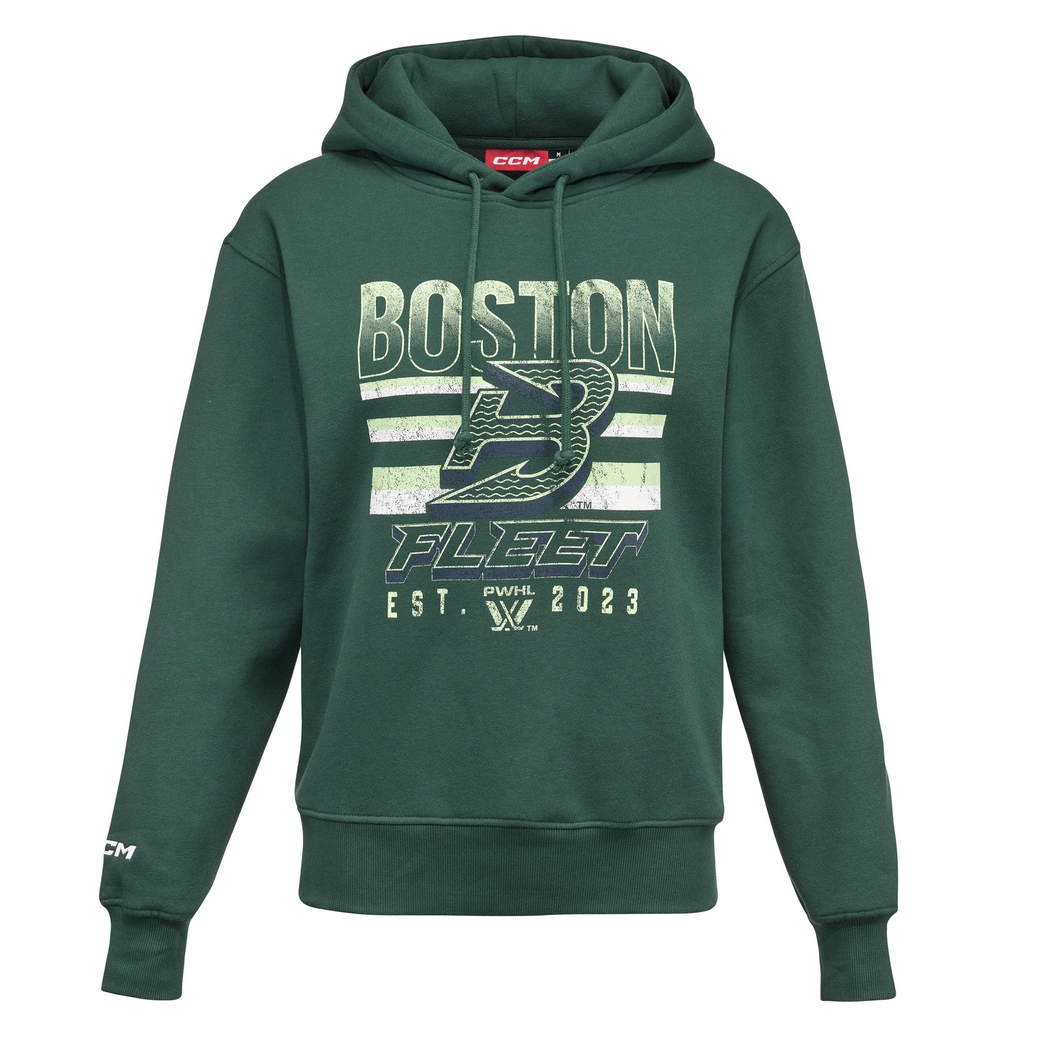 Green hoodie with 'Boston Fleet' text and logo on a white background