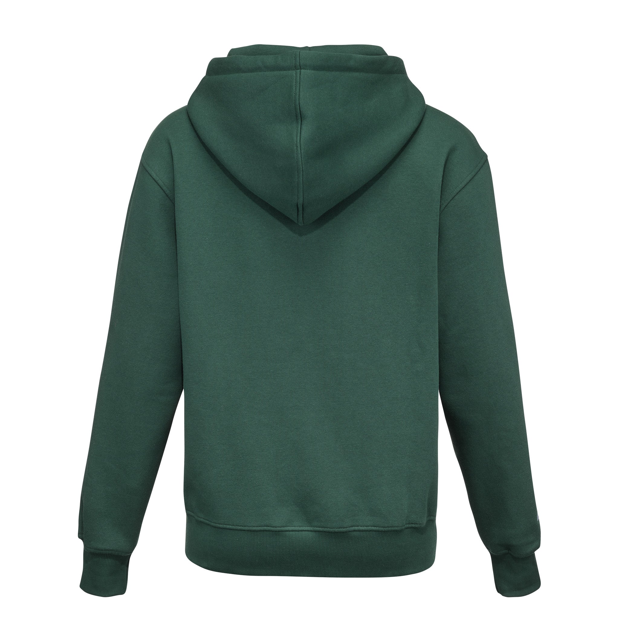 Green hoodie shown from the back on a white background