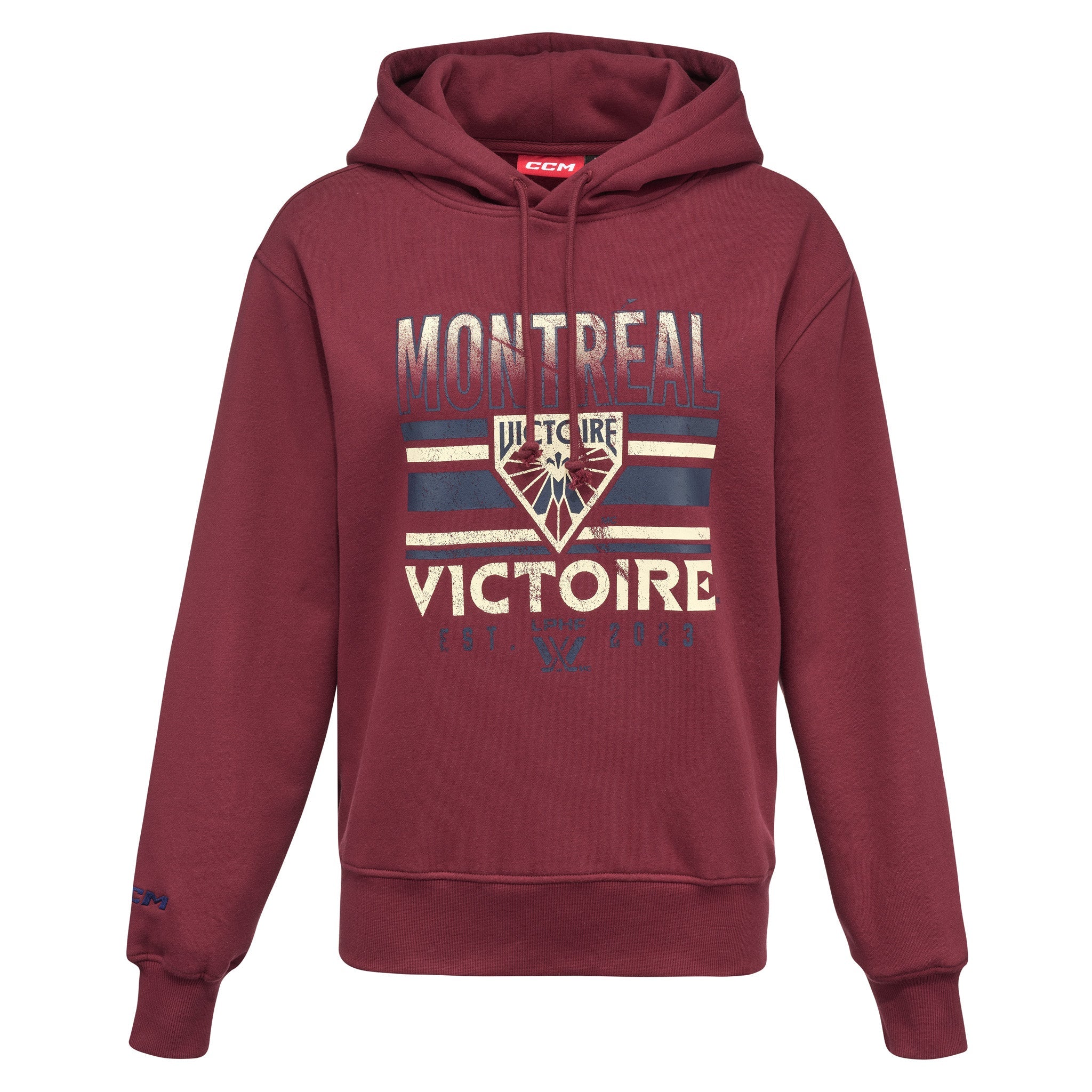 Maroon hoodie with 'Montreal Victoire' text and logo on a white background