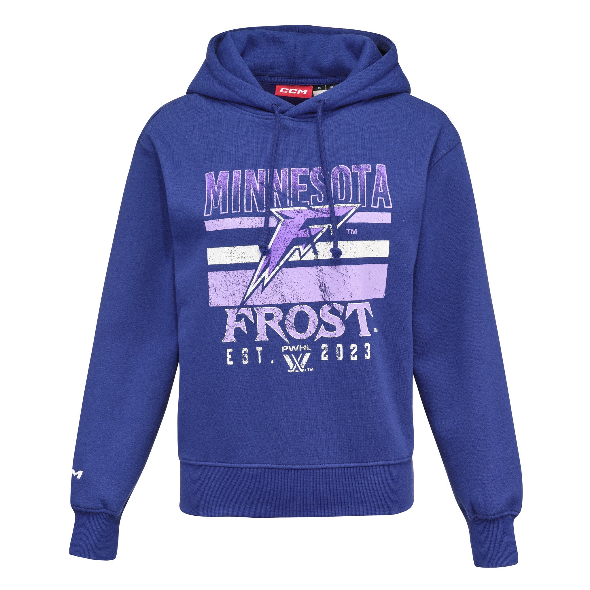 Blue hoodie with 'Minnesota Frost' text and logo on a white background